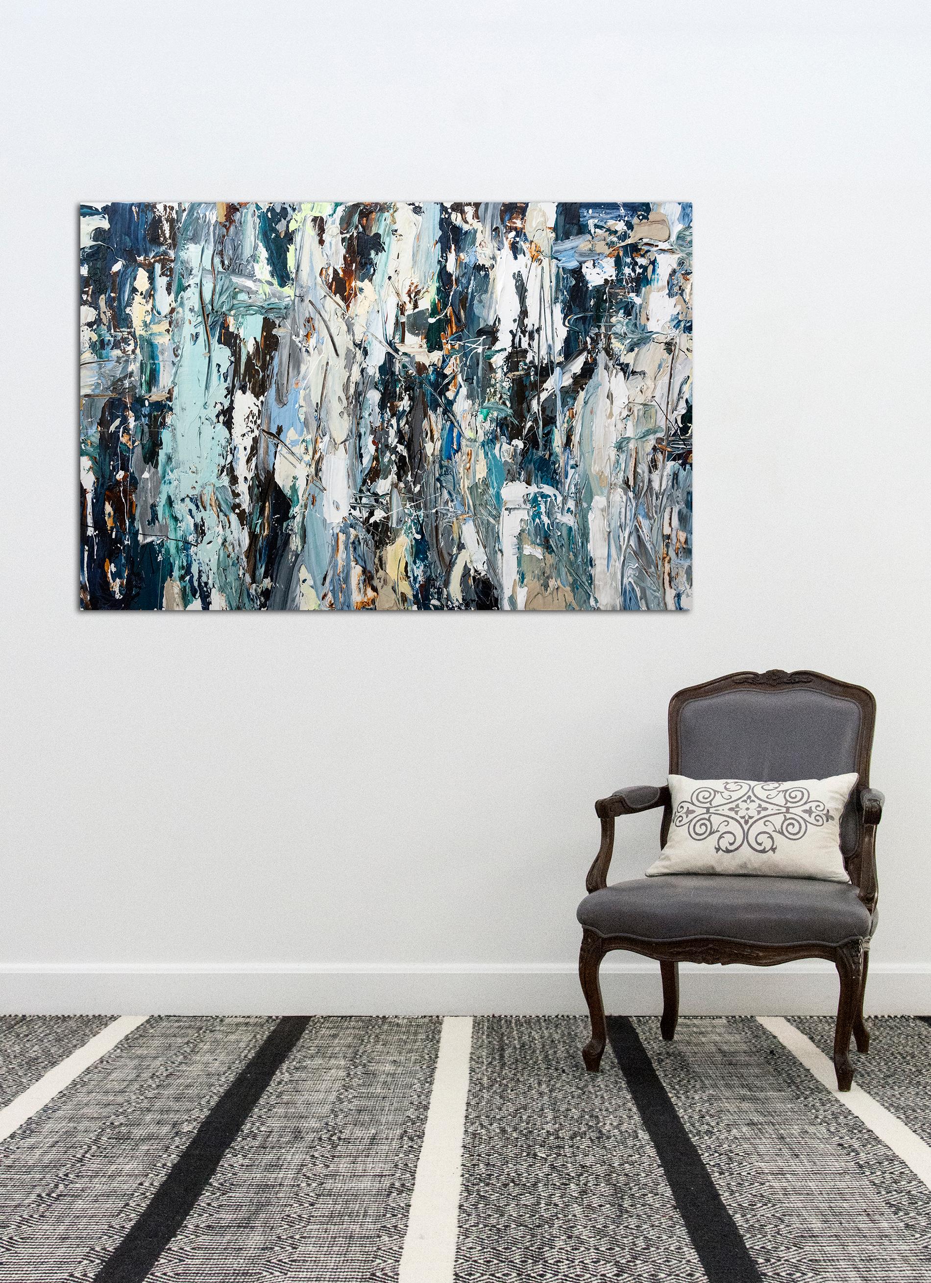 Layered impasto swaths in a palette of light blue, cool green, white and grey are incised with dynamic sharp lines in this powerful composition by Adam Cohen. Cohen intersects the language of abstract expressionism to re-invent the experience of