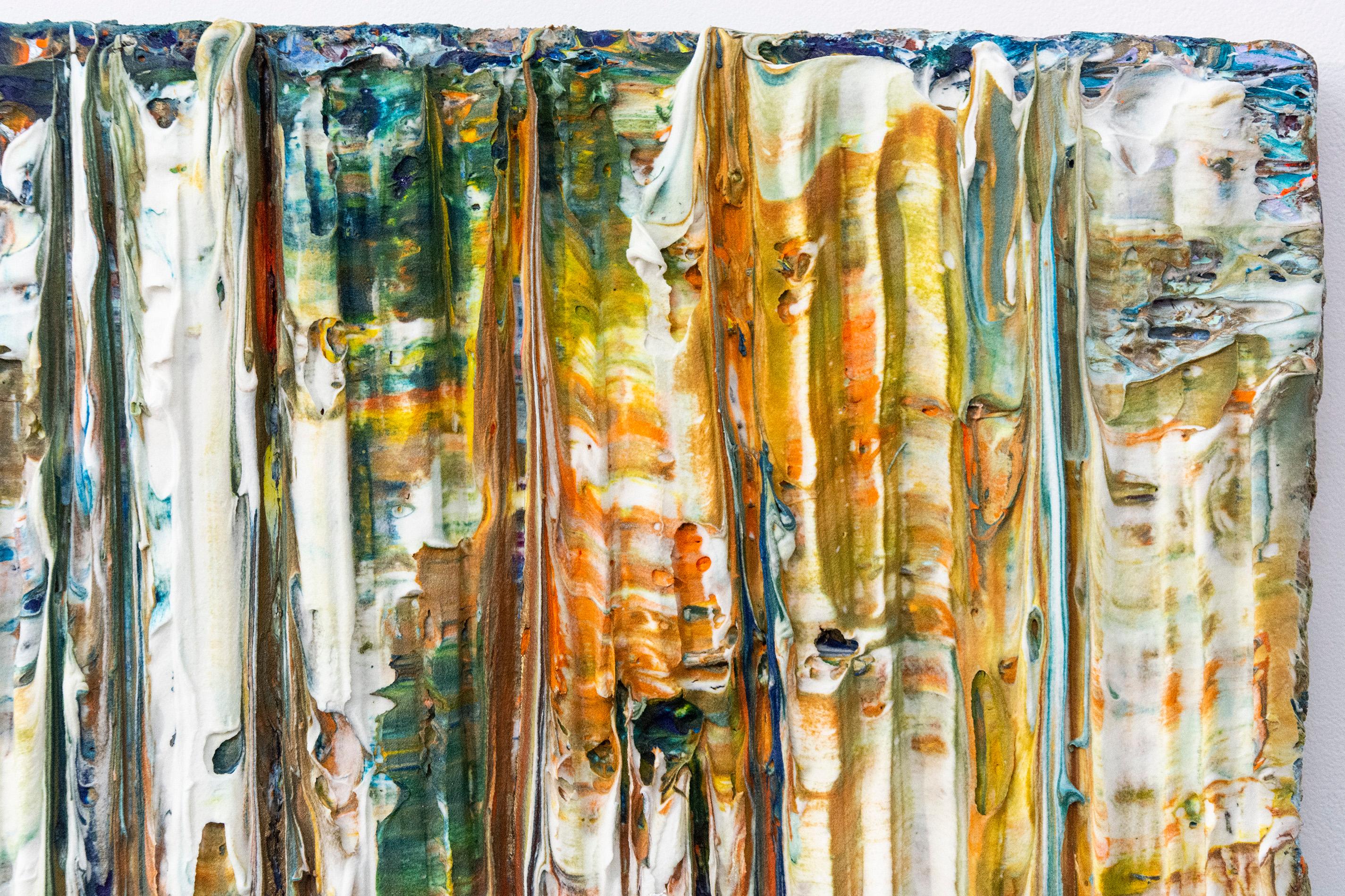 Bold striations cut through an impasto of gold, white and sapphire in this intimately sized acrylic by New York -based painter Adam Cohen. Cohen intersects the language of Abstract Expressionism with narrative to re-invent the experience of action