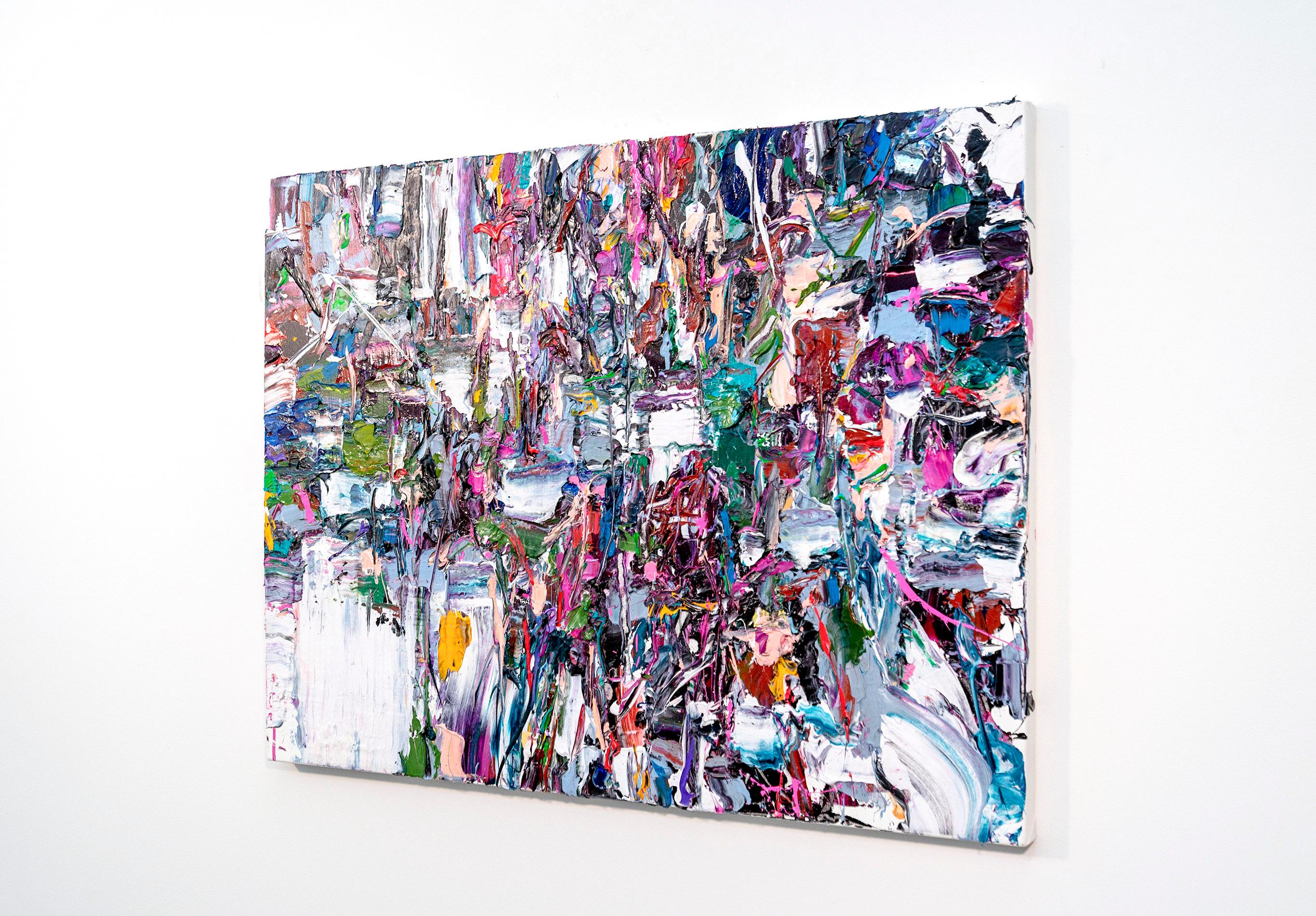 American artist Adam Cohen has an extraordinary sense of colour. His lush, expressive abstract paintings explode with a vivid colour palette. This piece is rendered in blues, greens, pinks, orange, red, gray, yellow, white and black. One noticeable