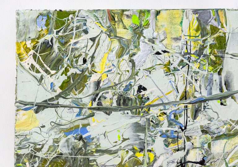Swirling passages and drips of yellow, periwinkle, moss green and white coalesce at a central point in this action painting by Adam Cohen. Cohen intersects the language of heroic Abstract Expressionism with narrative to re-invent the experience of
