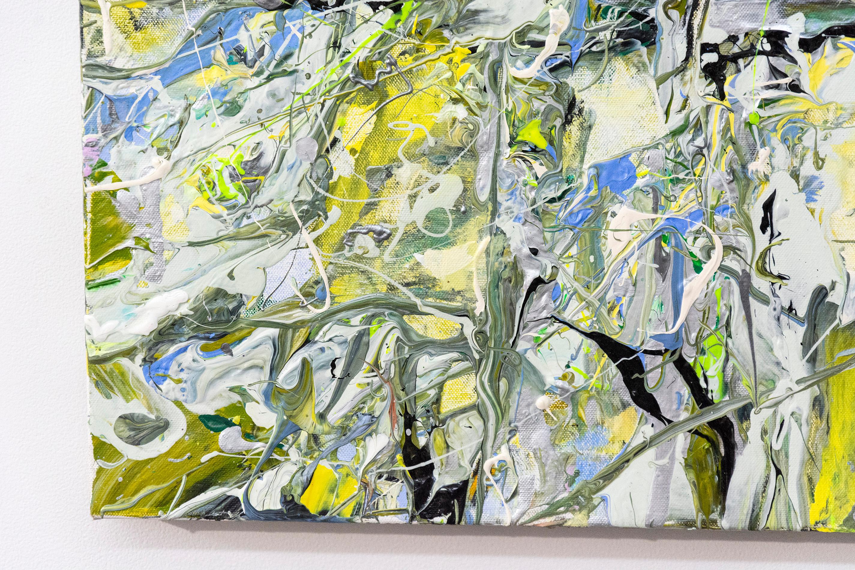 Swirling passages and drips of yellow, periwinkle, moss green and white coalesce at a central point in this action painting by Adam Cohen. Cohen intersects the language of heroic Abstract Expressionism with narrative to re-invent the experience of