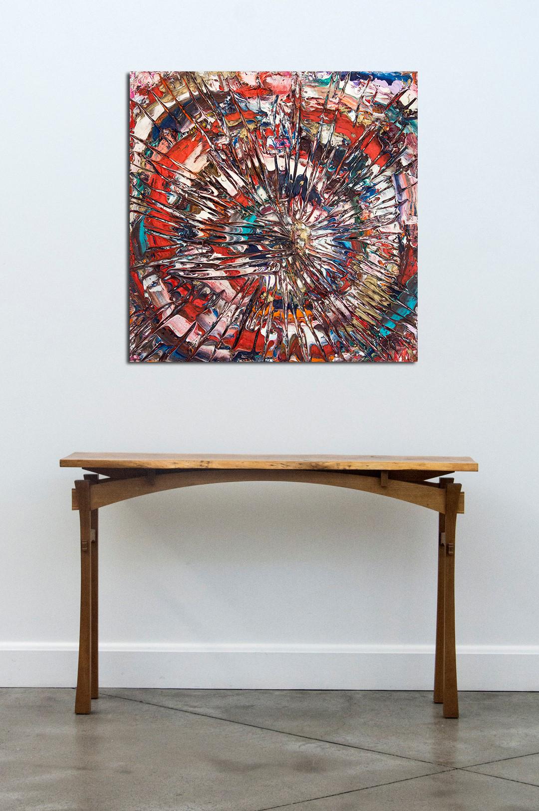 Spiral Stare Case - bold, colourful, abstract expressionist, acrylic on canvas - Brown Abstract Painting by Adam Cohen