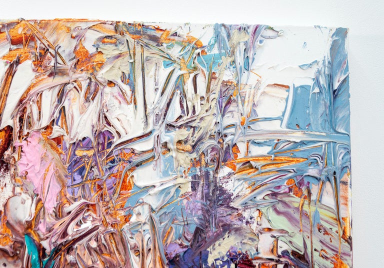 American artist Adam Cohen’s lush abstract work is characterized by his masterful use of colour and his grand gestural style. With Strike, he has applied thick short brush strokes of purple, lime green, burgundy, orange, and sky blue that pop