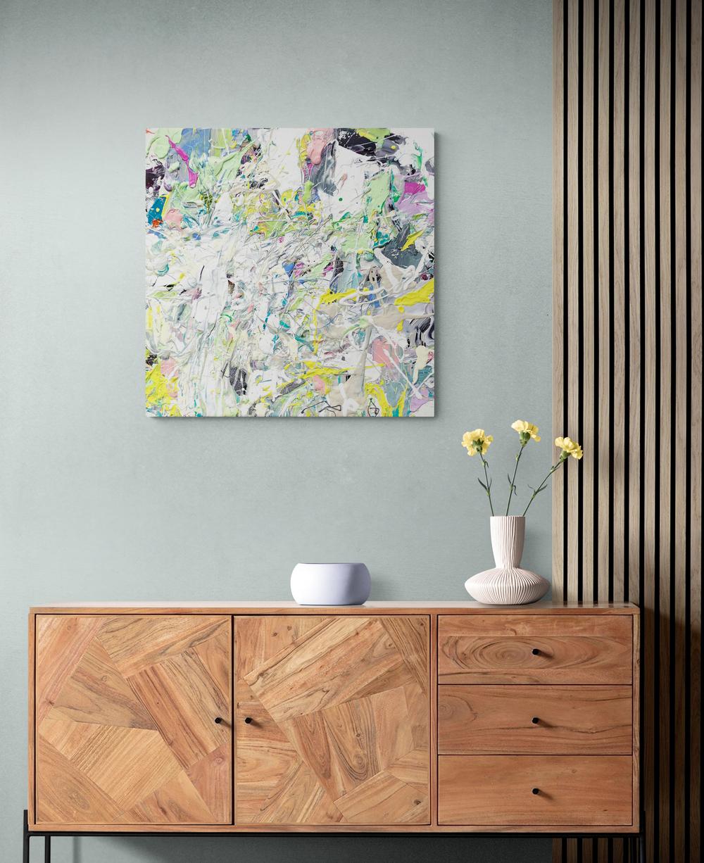 Rapid passages, drips and lines in pink, yellow, pastel green and dove gray are an extension of the artist's brush in this dynamic action painting by Adam Cohen. 

New York based artist Adam Cohen creates work alive with the gestural influences of