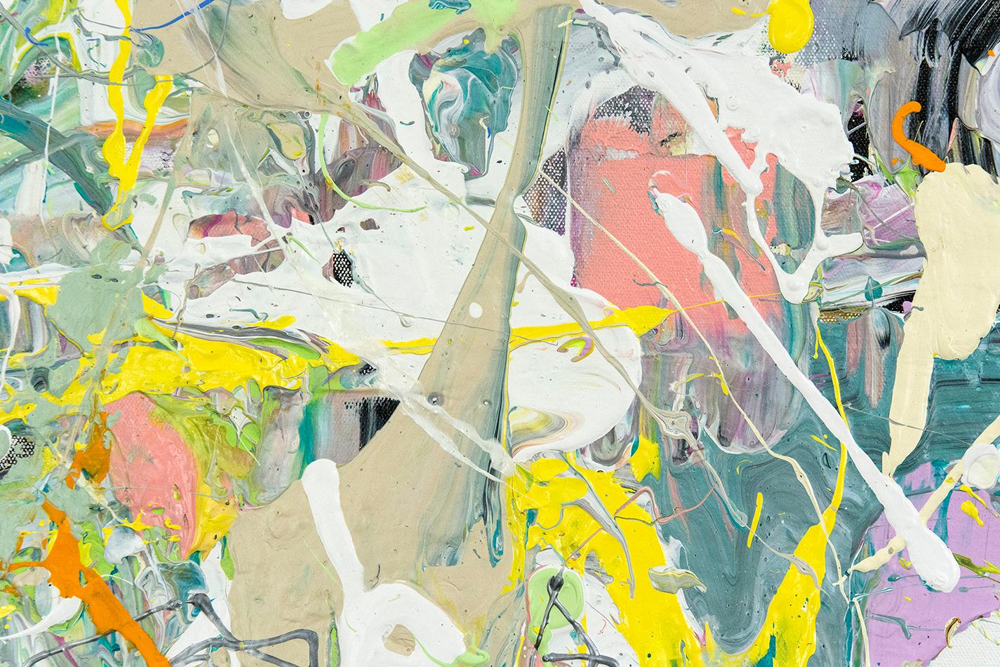 Schnelle Passagen, Tropfen und Linien in Rosa, Gelb, Pastellgrün und Taubengrau sind eine Erweiterung des Pinsels in diesem dynamischen Action Painting von Adam Cohen. 

Der in New York lebende Künstler Adam Cohen schafft Werke, die von den