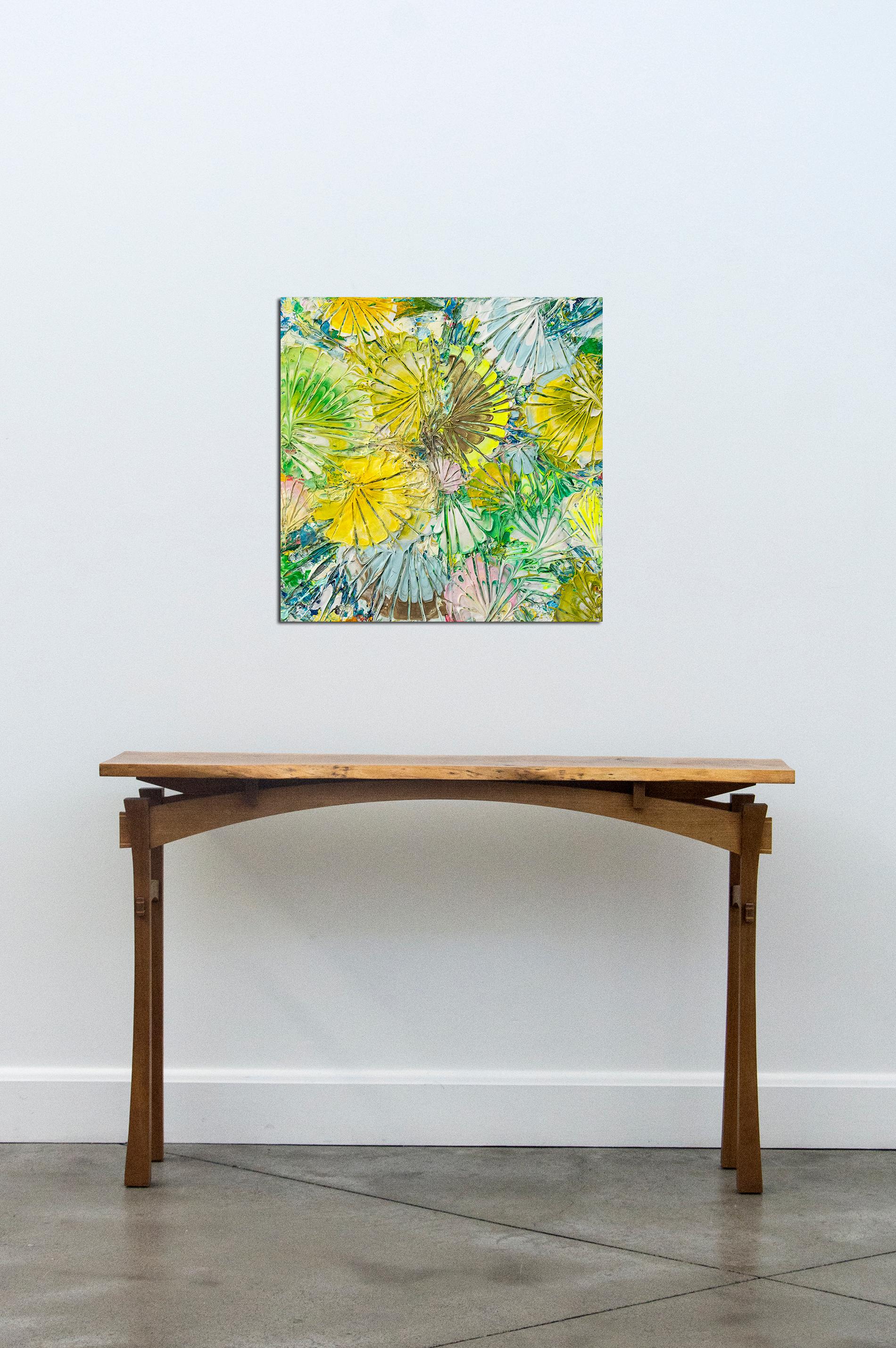 A floral motif in shades of pink, blue, green and lemon is used in an all over pattern by artist Adam Cohen in this delightfully bright painting. Cohen intersects the language of Abstract Expressionism with narrative to re-invent the experience of