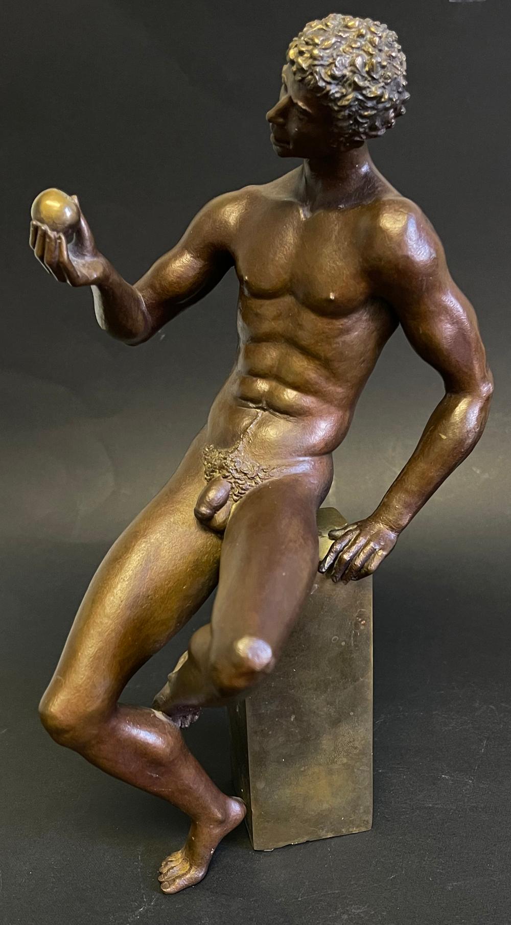 Rare and striking, this mid century bronze by Nathaniel Choate -- best known for his large sculptures at Brookgreen Gardens in South Carolina -- depicts a seated, nude Adam figure, quizzically examining the fateful apple. Choate was one of the
