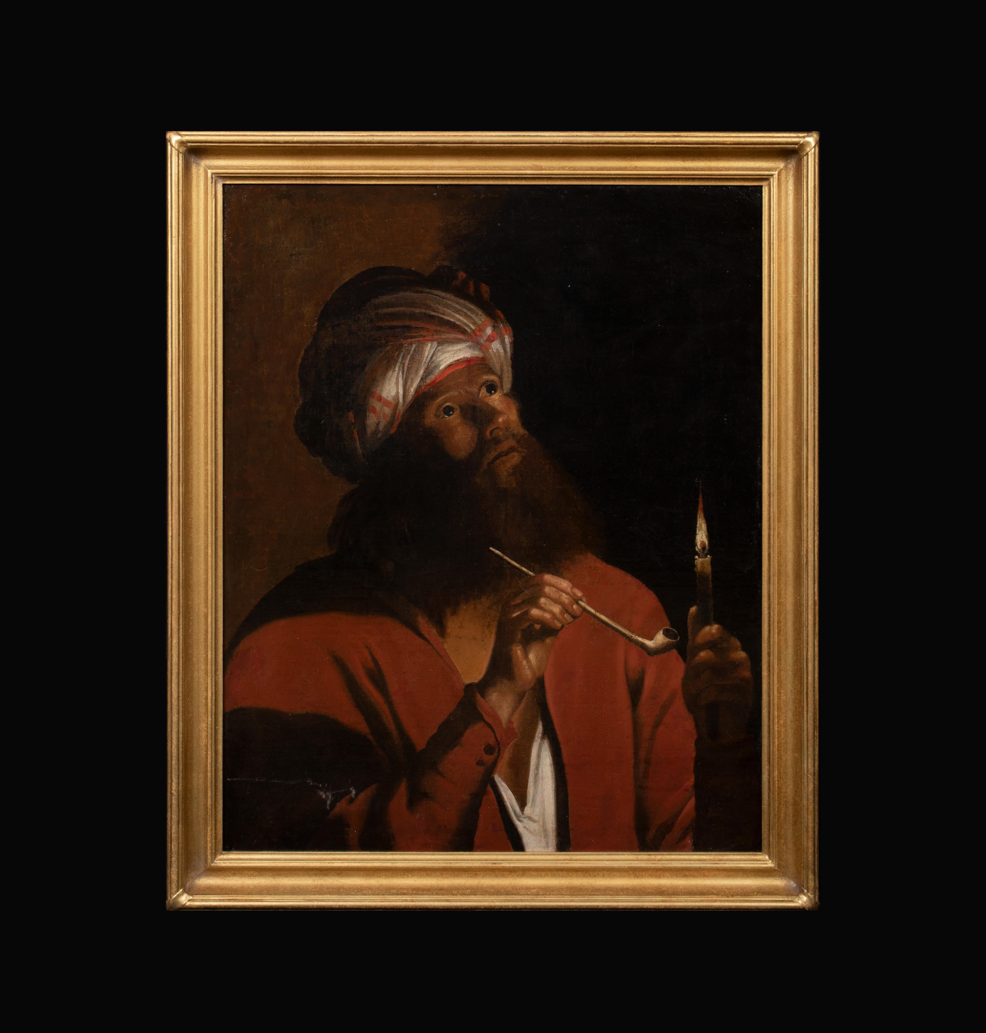 Portrait Of A Man Wearing An Arab Turkish Man Smoking a Pipe, 17th Century   - Painting by Adam De Coster