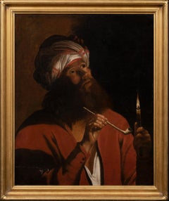 Antique Portrait Of A Man Wearing An Arab Turkish Man Smoking a Pipe, 17th Century  