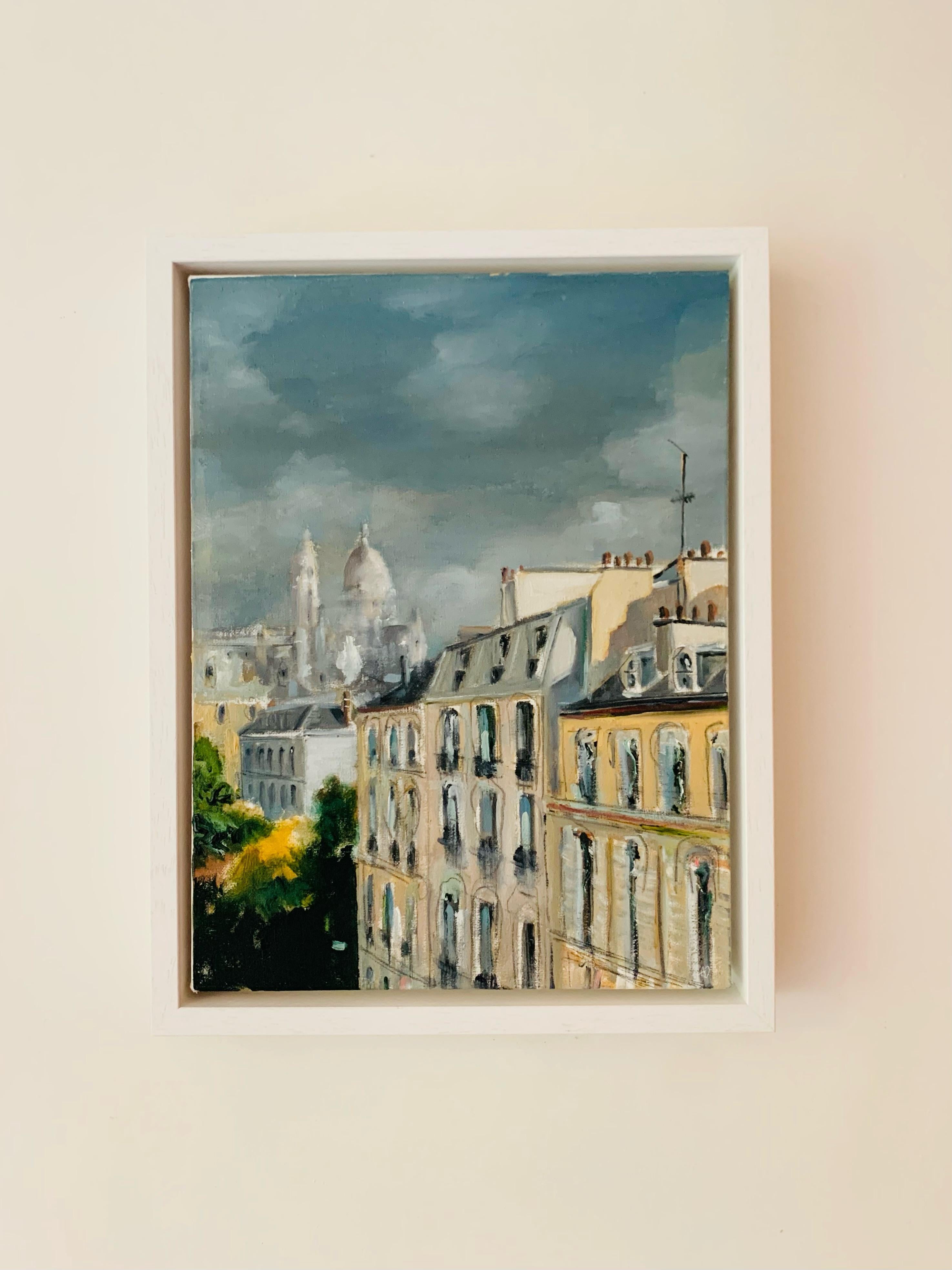 Boulevard blues- urban, landscape, oil painting, city, Paris streets, Romantic  - Painting by Adam De Ville
