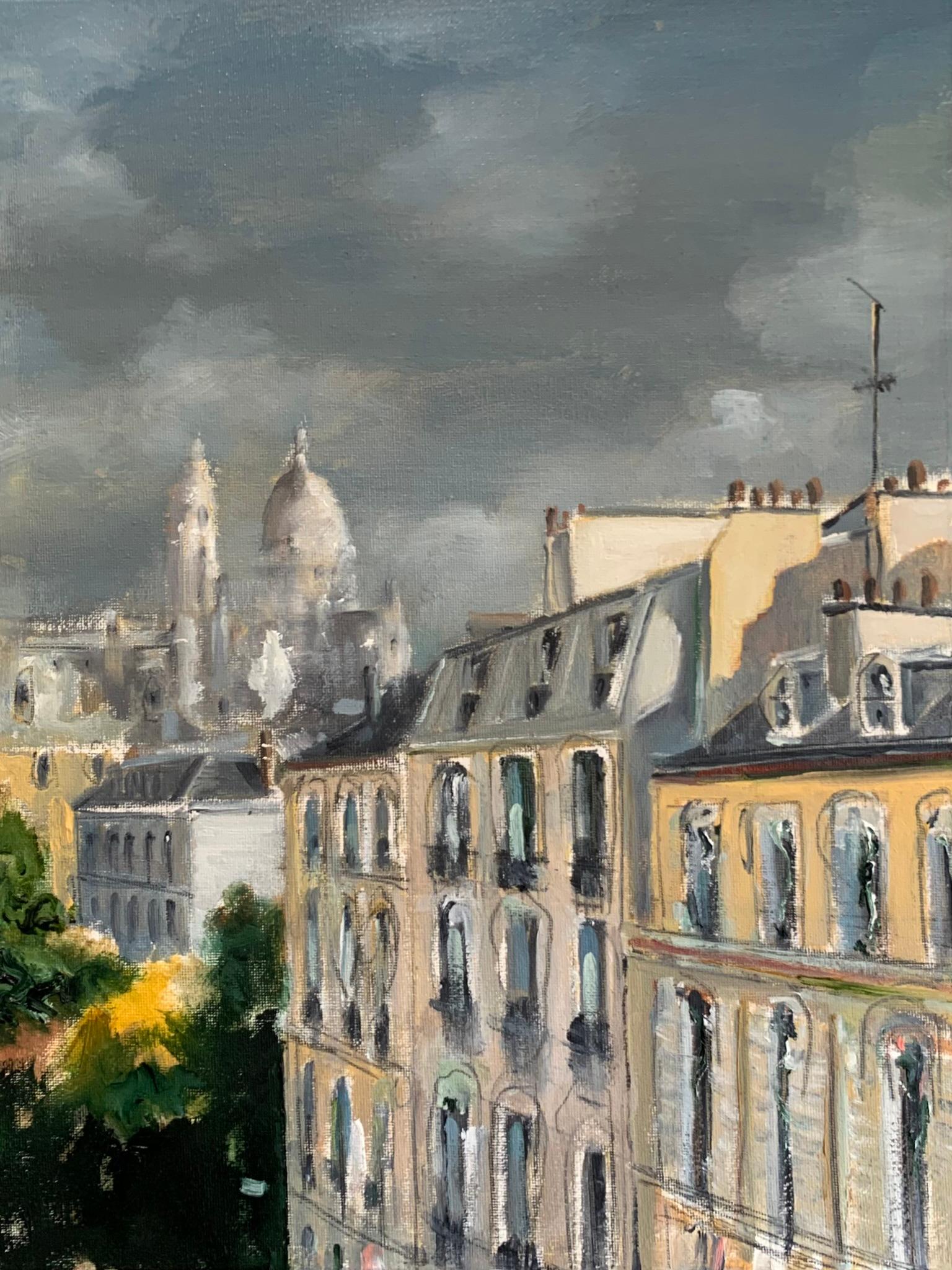 Figurative Painting Adam De Ville - Boulevard bleu urbain, paysage, peinture à l'huile, ville, rues de Paris, romantique