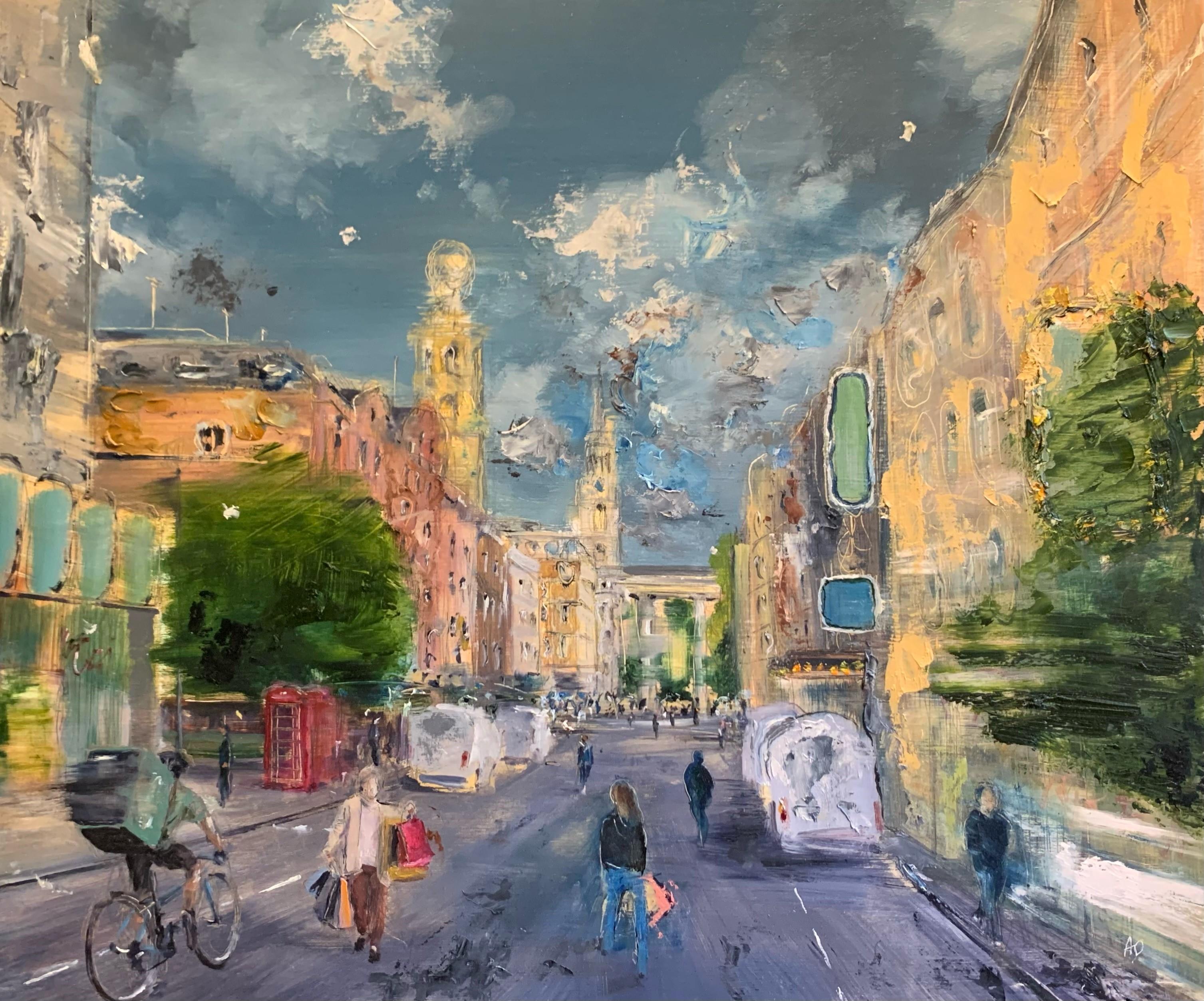 Figurative Painting di Adam De Ville - St Martin's Lane Sonata- urbano, paesaggio, pittura ad olio, città