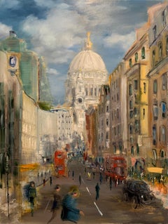The St Paul's Shoe Shuffle - paysage urbain, peinture à l'huile, Londres, rue 