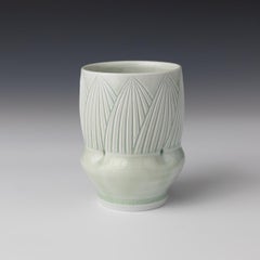 Dimple Cup with Lines - Celedon Glazed, Hand-Carved, Porcelain Cup by Adam Field