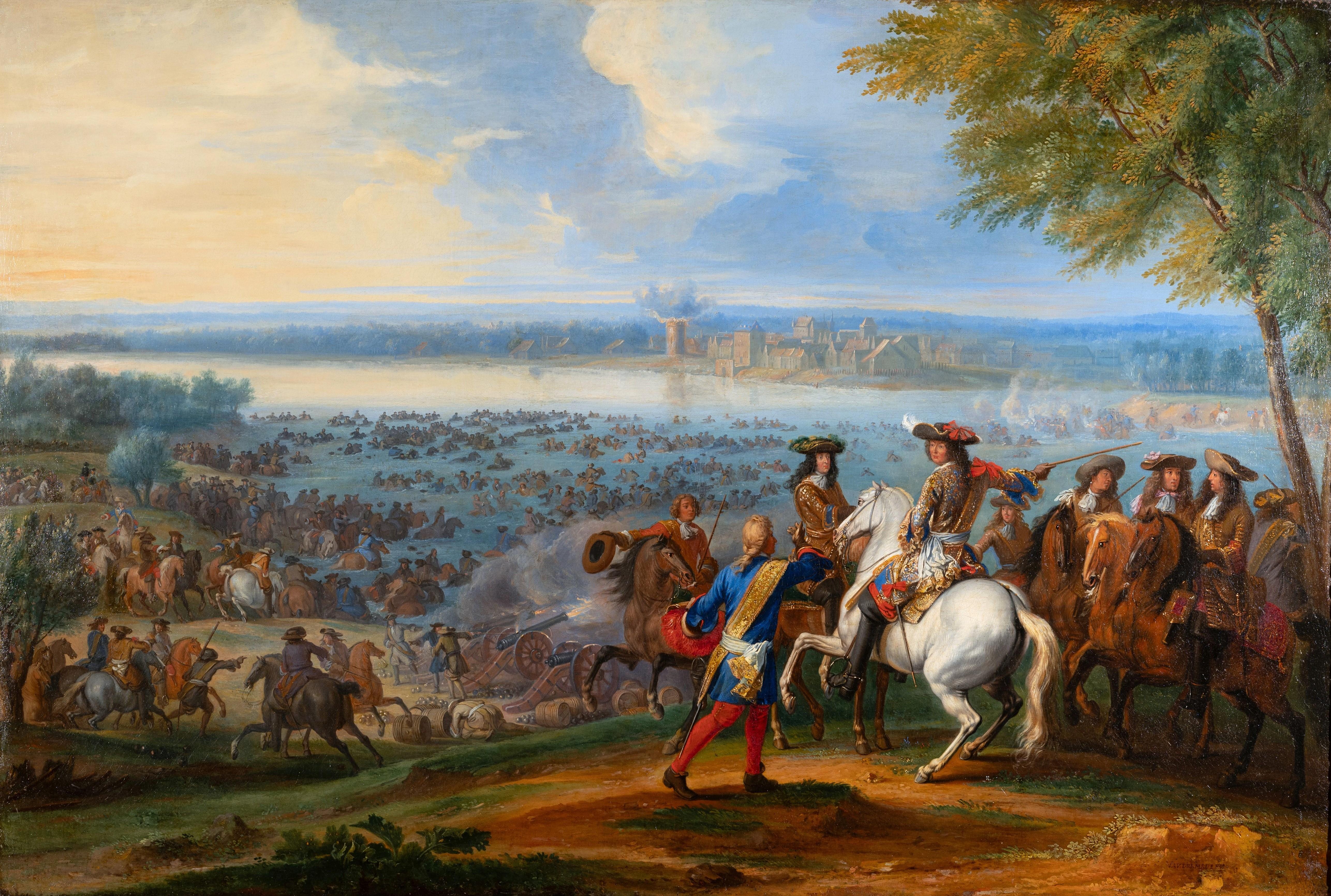 Louis XIV and his army at the crossing of the Rhine by Adam-Frans van der Meulen - Painting by Adam Frans van der Meulen