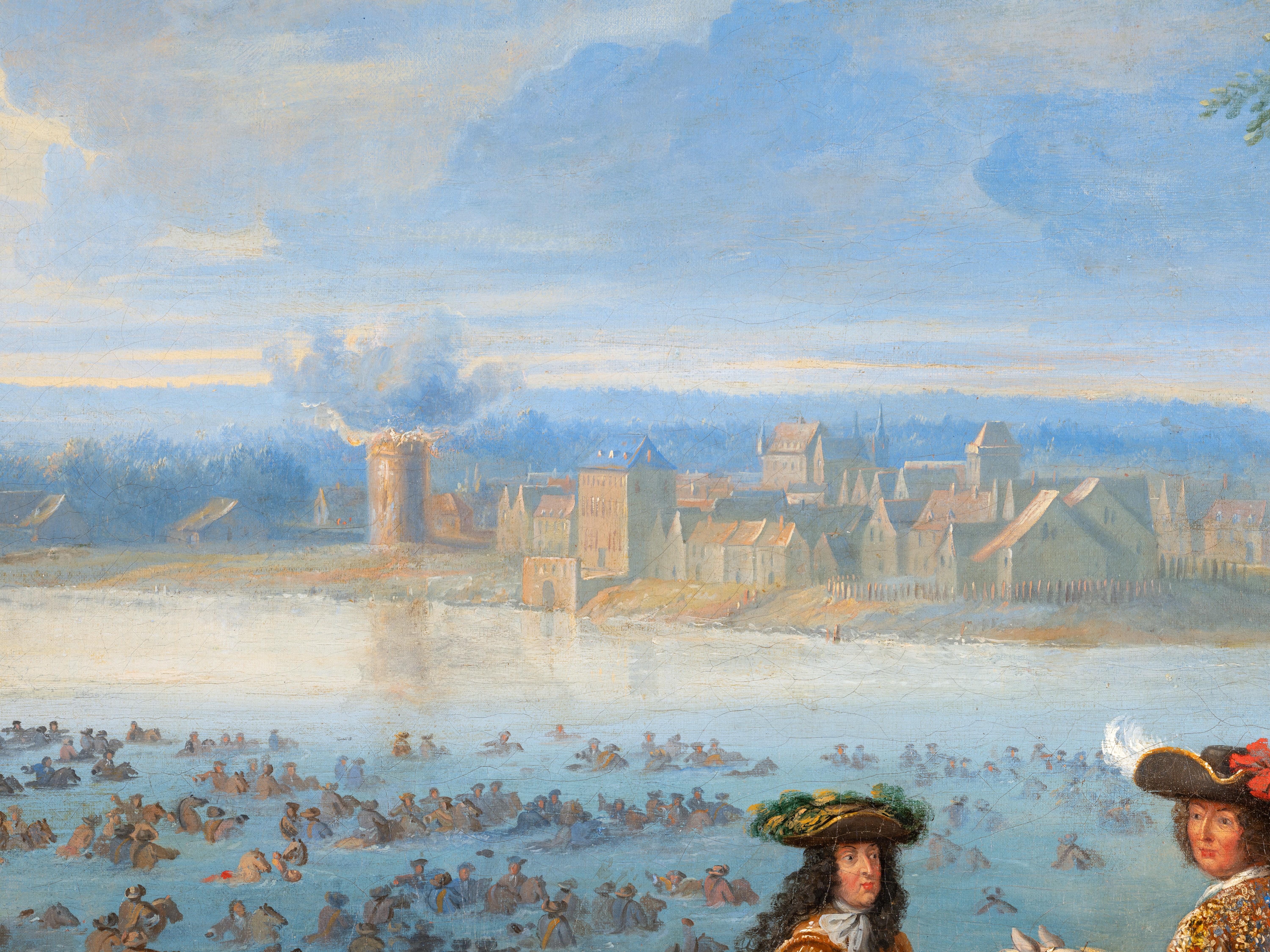 Louis XIV and his army at the crossing of the Rhine by Adam-Frans van der Meulen - Brown Figurative Painting by Adam Frans van der Meulen