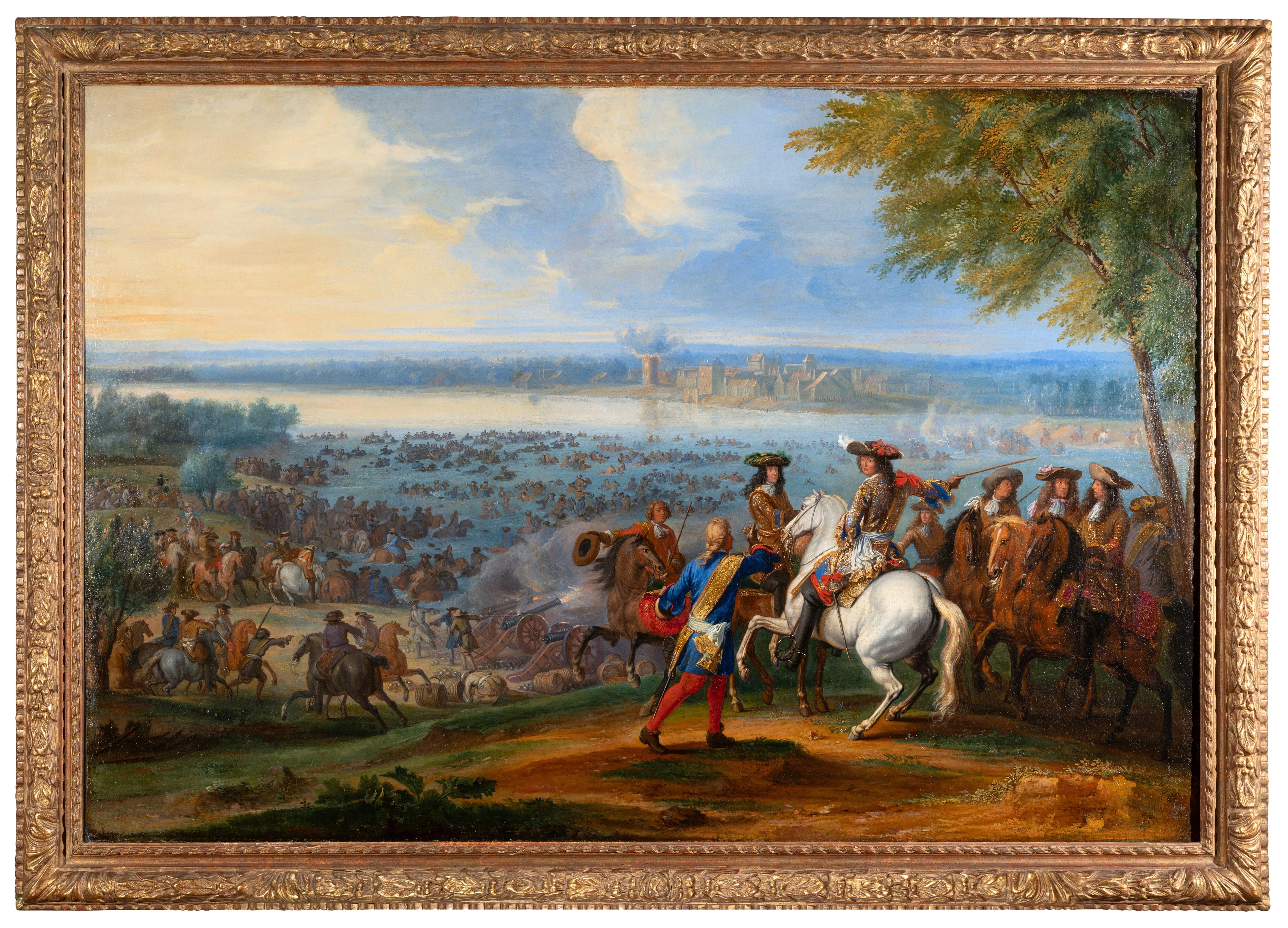 Adam Frans van der Meulen Figurative Painting - Louis XIV and his army at the crossing of the Rhine by Adam-Frans van der Meulen