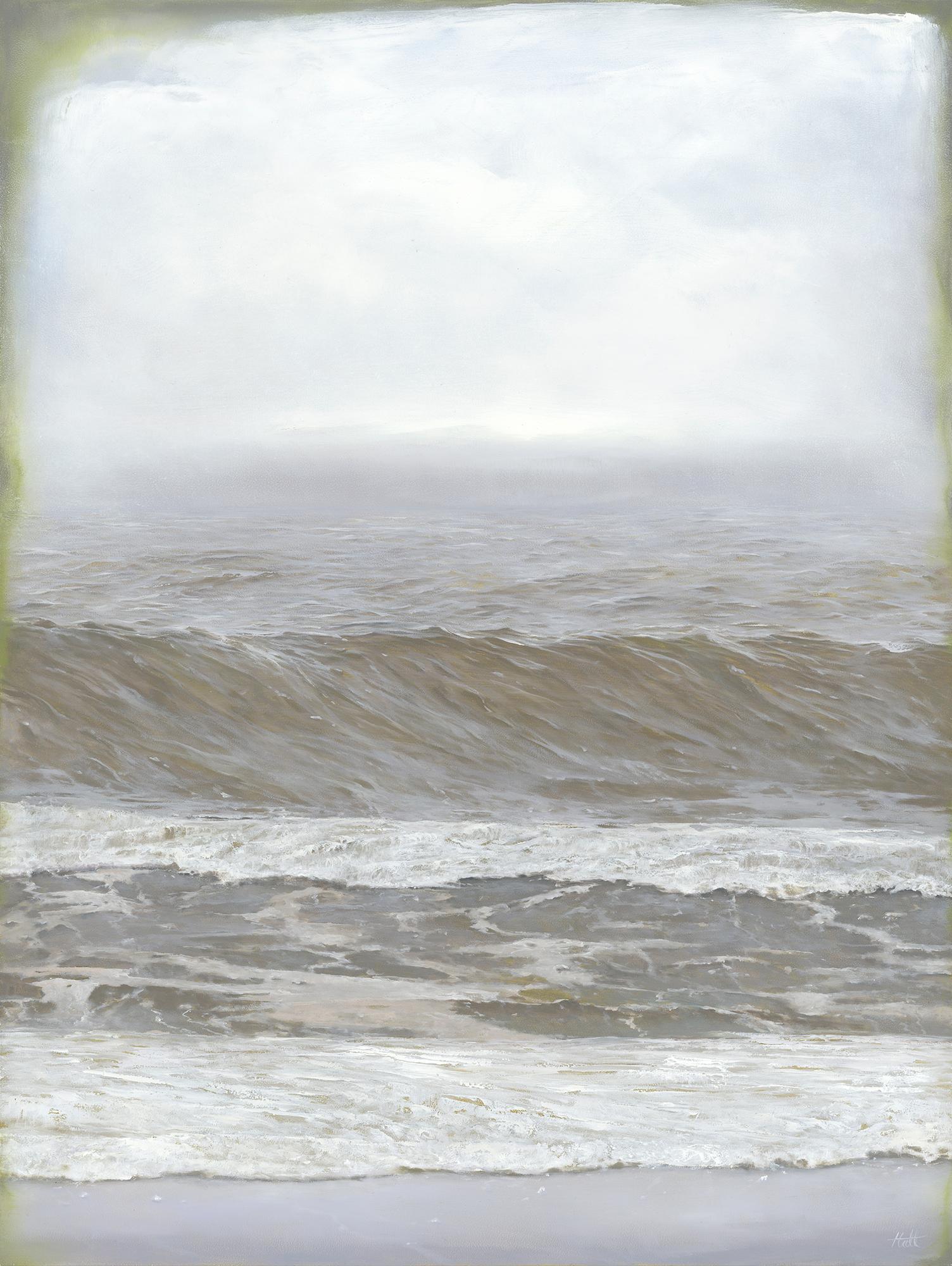 "Swell Season" (2023) by Adam Hall is an evocative original oil painting on panel, measuring 24 x 18 inches and elegantly framed to 25 x 19 inches. This piece captures the gentle yet powerful swell of ocean waves, rendered in a muted palette that