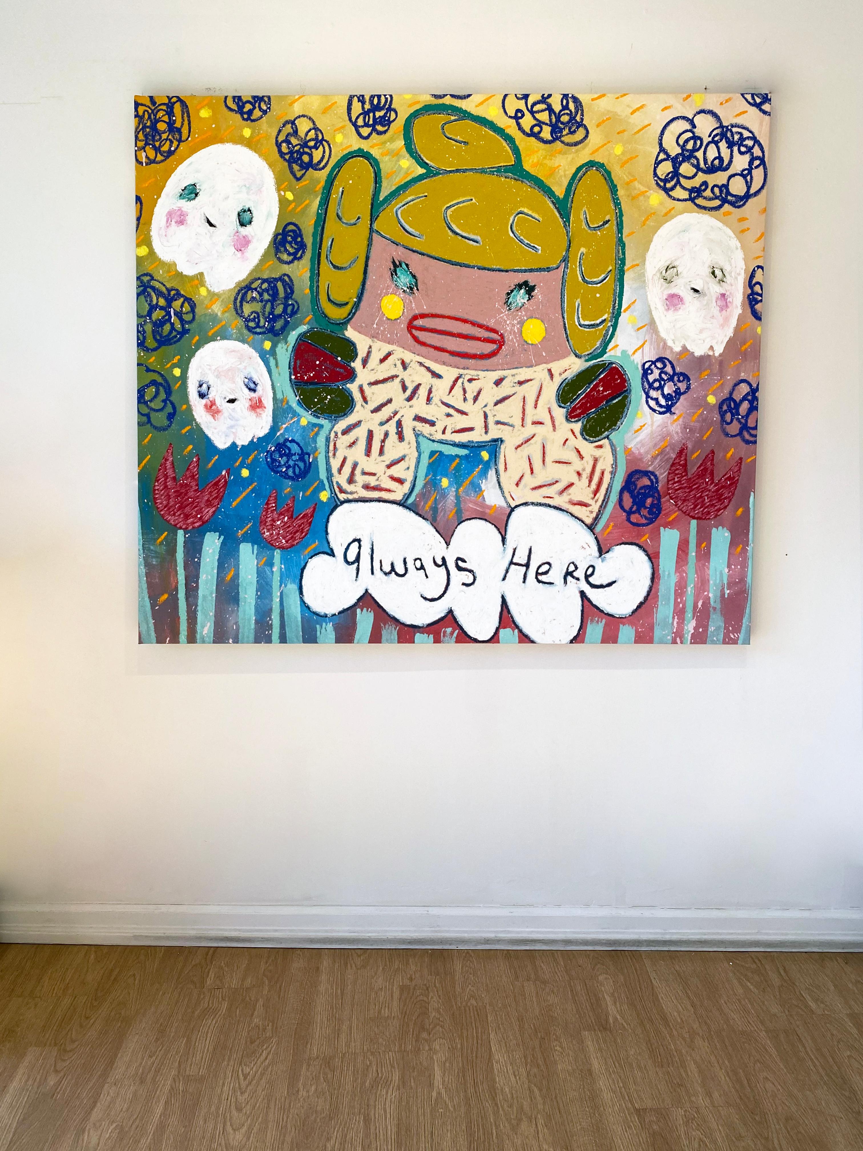 'Little Fighter Girl Is Always Here With You' by Adam Handler, 2020. Oil stick and acrylic on canvas, 44 x 52 in. This painting by contemporary artist Adam Handler features a girl and three ghosts together in his signature faux-naif, child-like