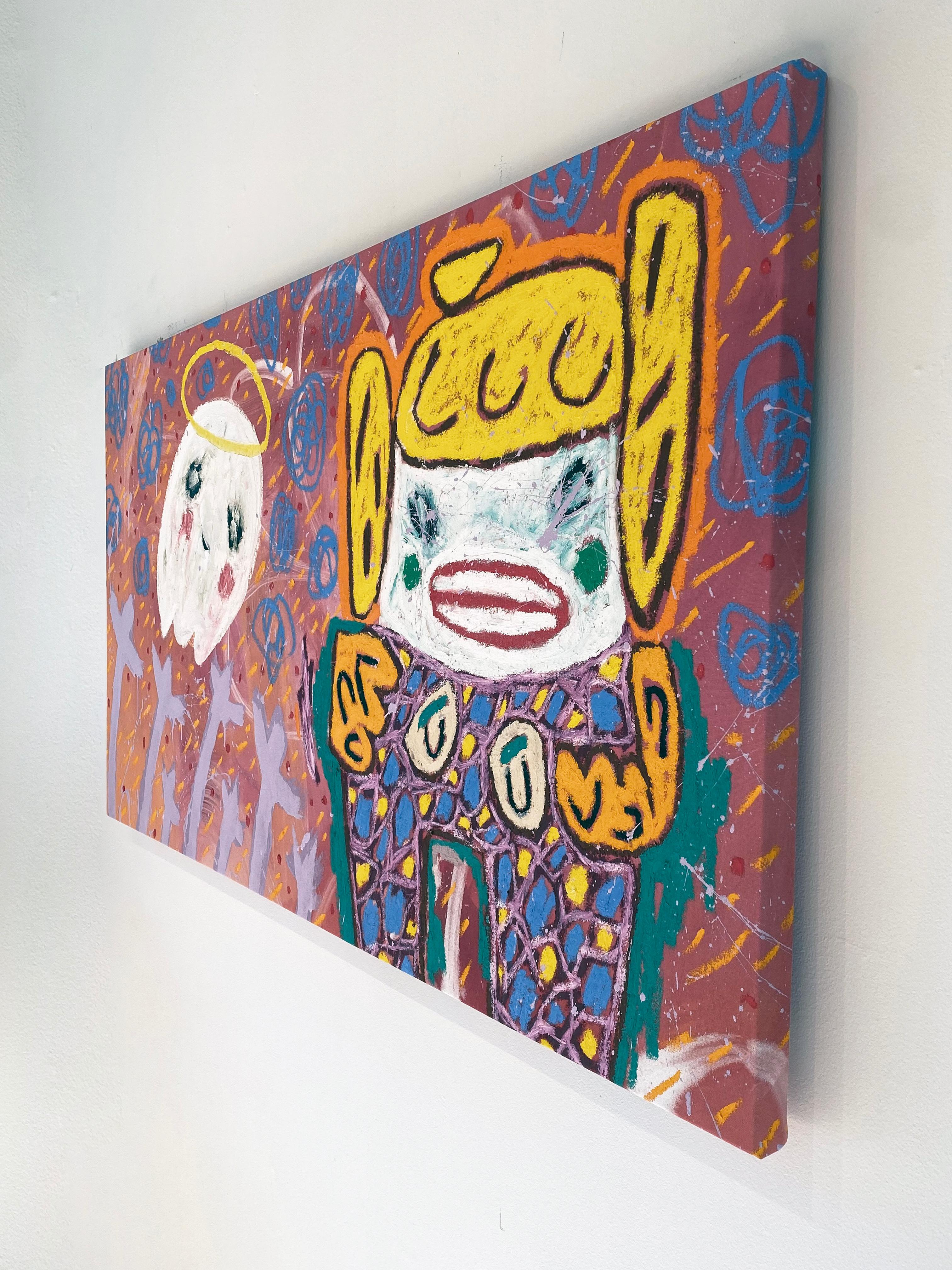 'Little Stinker Girl and Ghost Buddy Under Loving Skies' by Adam Handler, 2020. Oil stick and acrylic on canvas, 32 x 53 in. This painting by contemporary artist Adam Handler features a girl and ghost together in his signature faux-naif, child-like