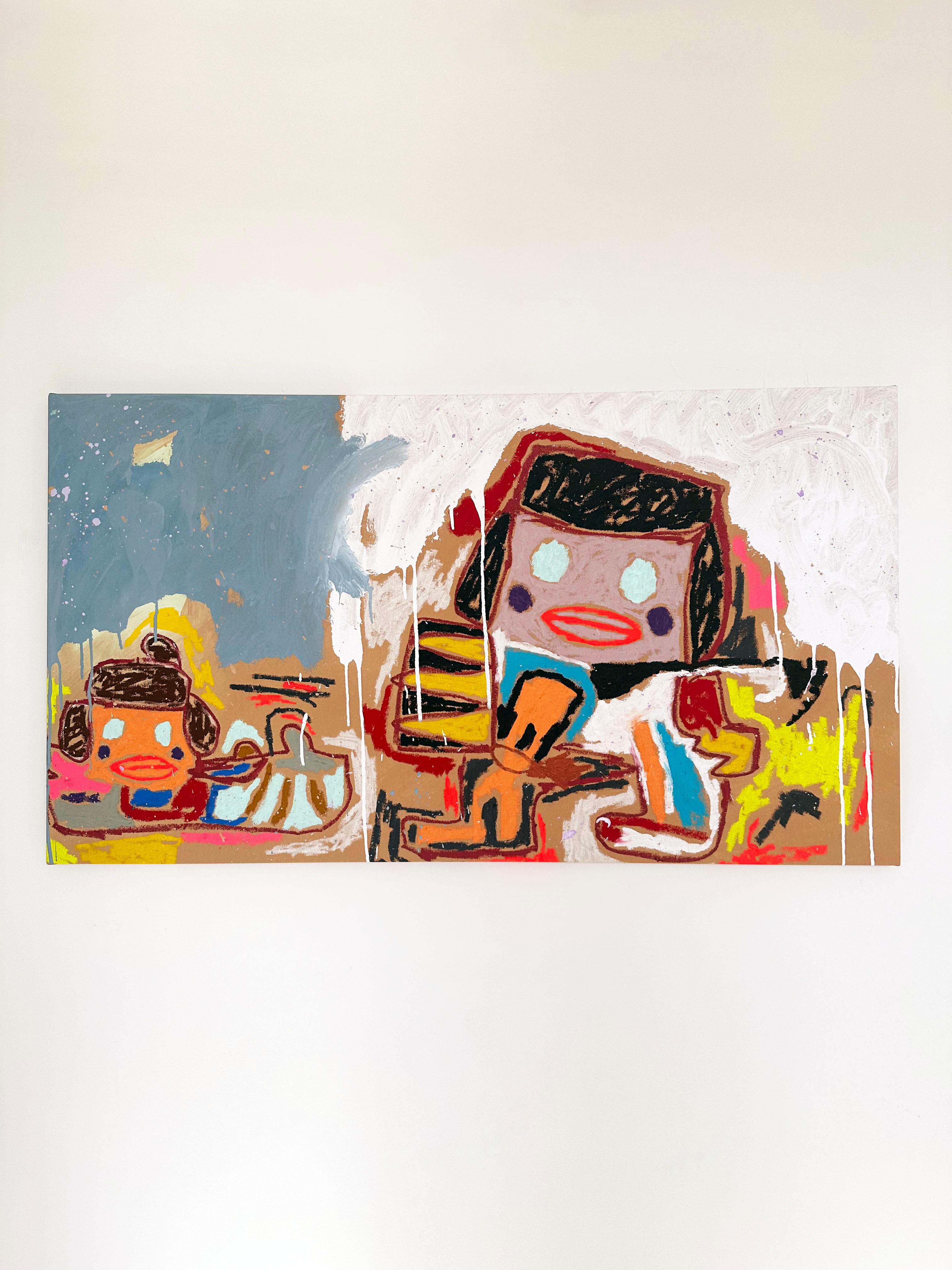 Colorful, Faux-Naïf Painting by Adam Handler 'Cave Girl and Baby' 1