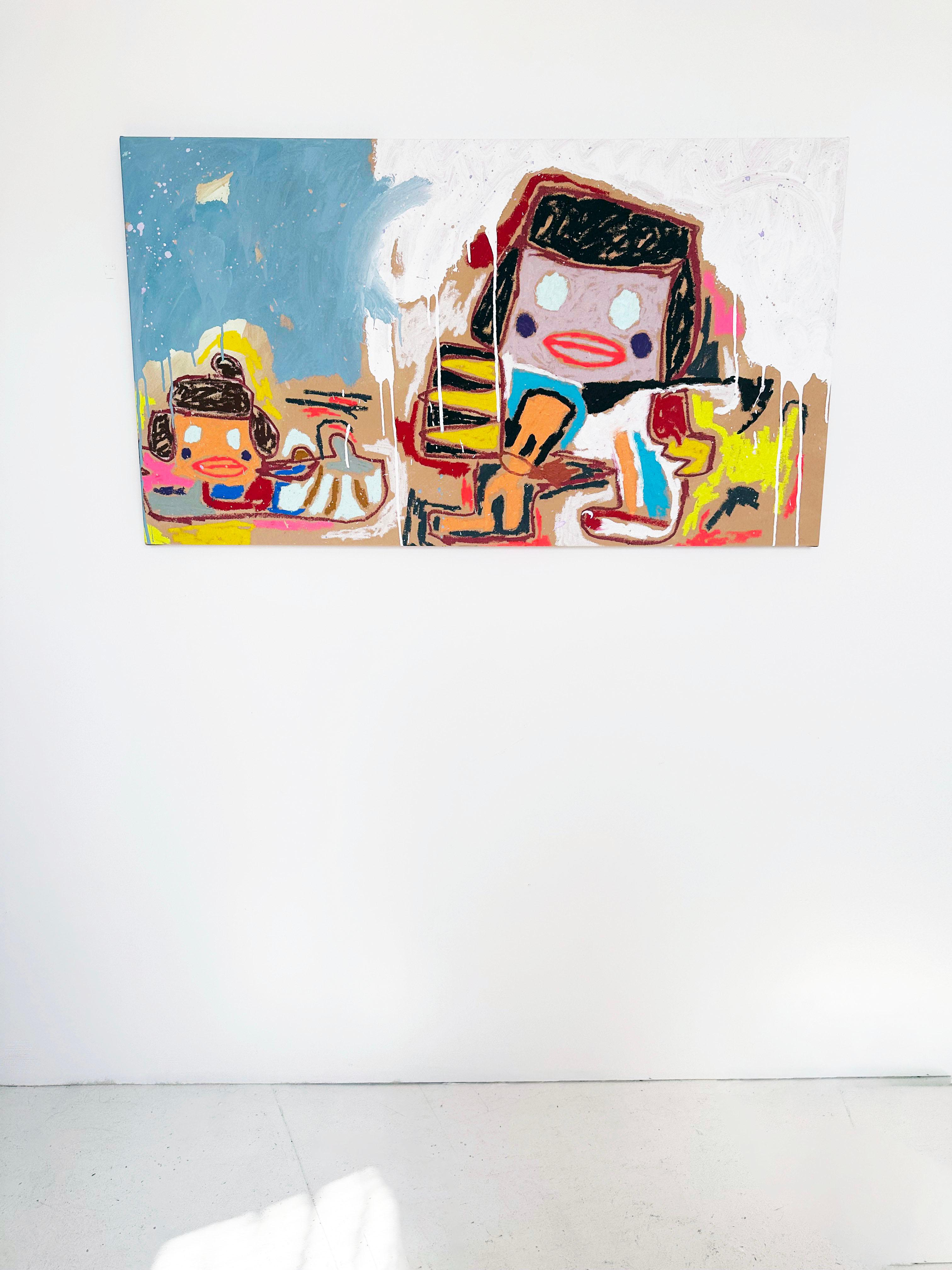 Colorful, Faux-Naïf Painting by Adam Handler 'Cave Girl and Baby' 2