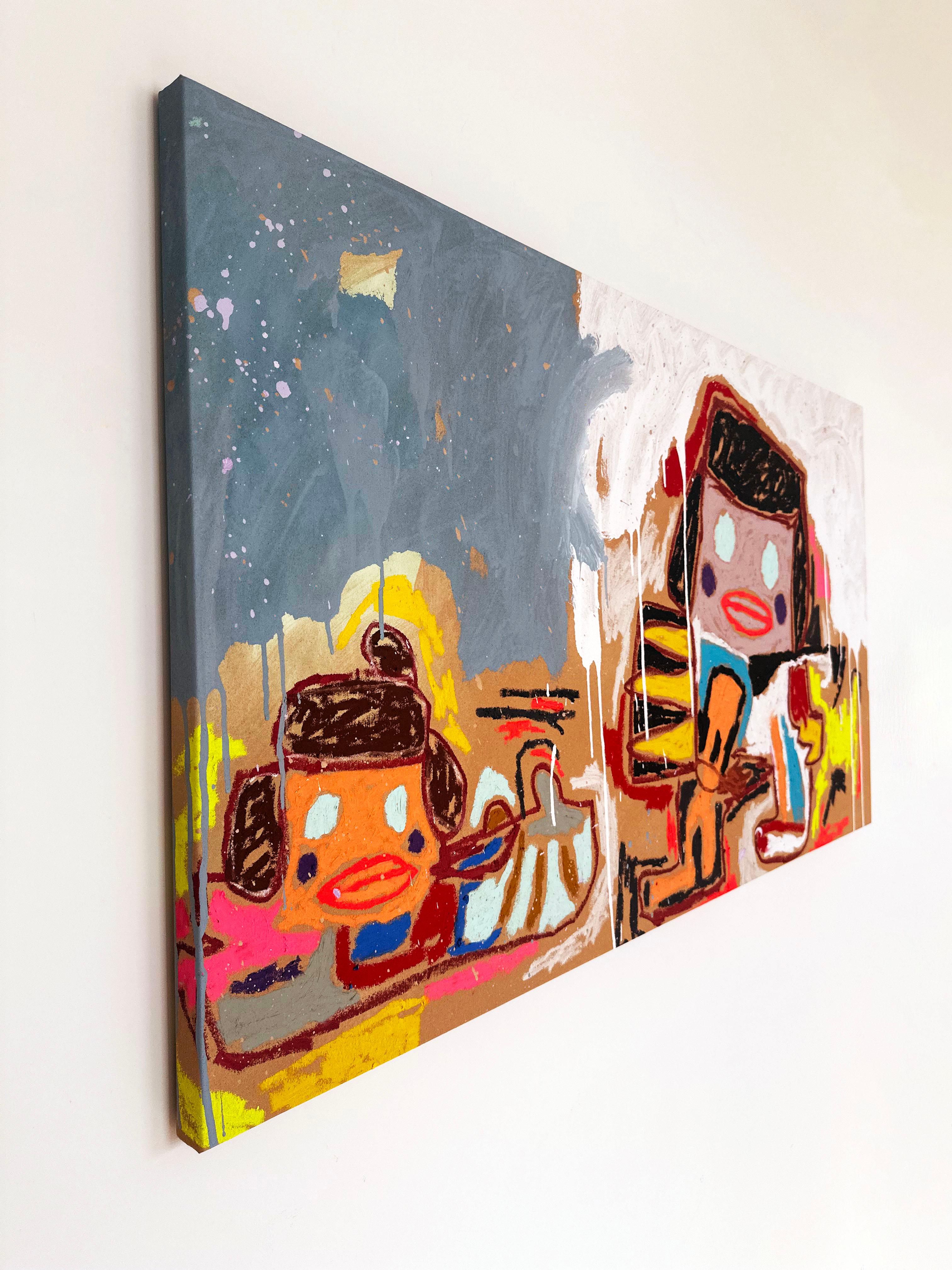 Colorful, Faux-Naïf Painting by Adam Handler 'Cave Girl and Baby' 3