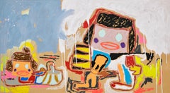 Colorful, Faux-Naïf Painting by Adam Handler 'Cave Girl and Baby'