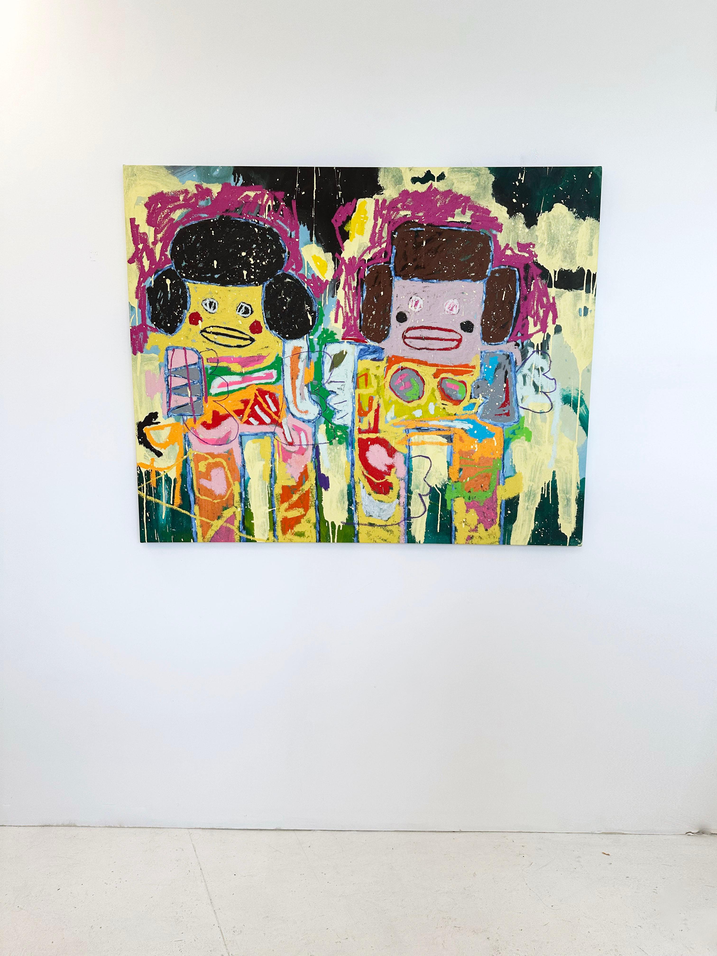 Dipinto colorato e finto-naif di Adam Handler 'Sorelle a Miami' in vendita 2