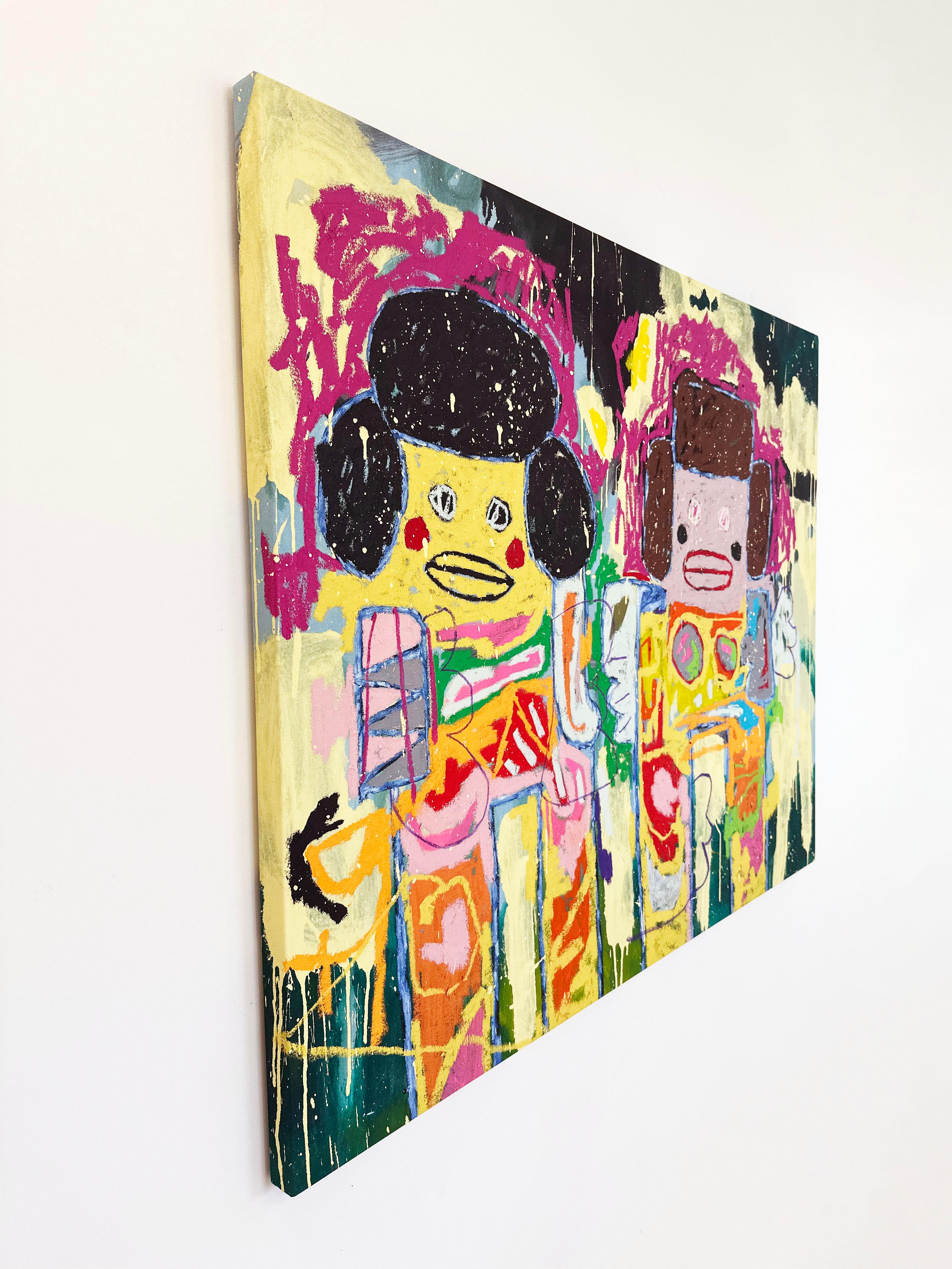 Dipinto colorato e finto-naif di Adam Handler 'Sorelle a Miami' in vendita 3