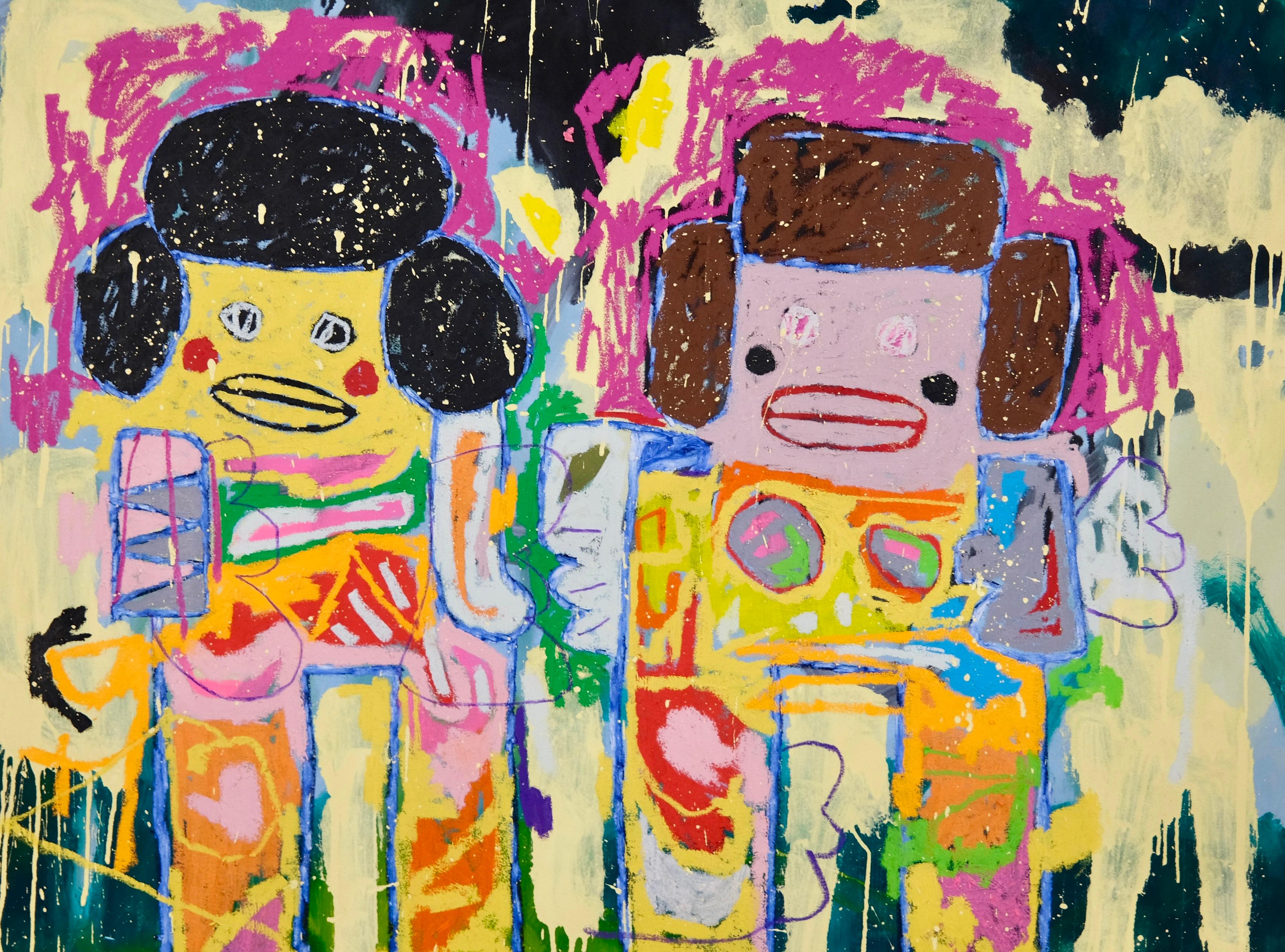 Colorido cuadro de Adam Handler "Hermanas en Miami", imitación de un naif