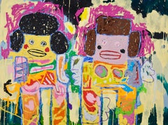Colorido cuadro de Adam Handler "Hermanas en Miami", imitación de un naif