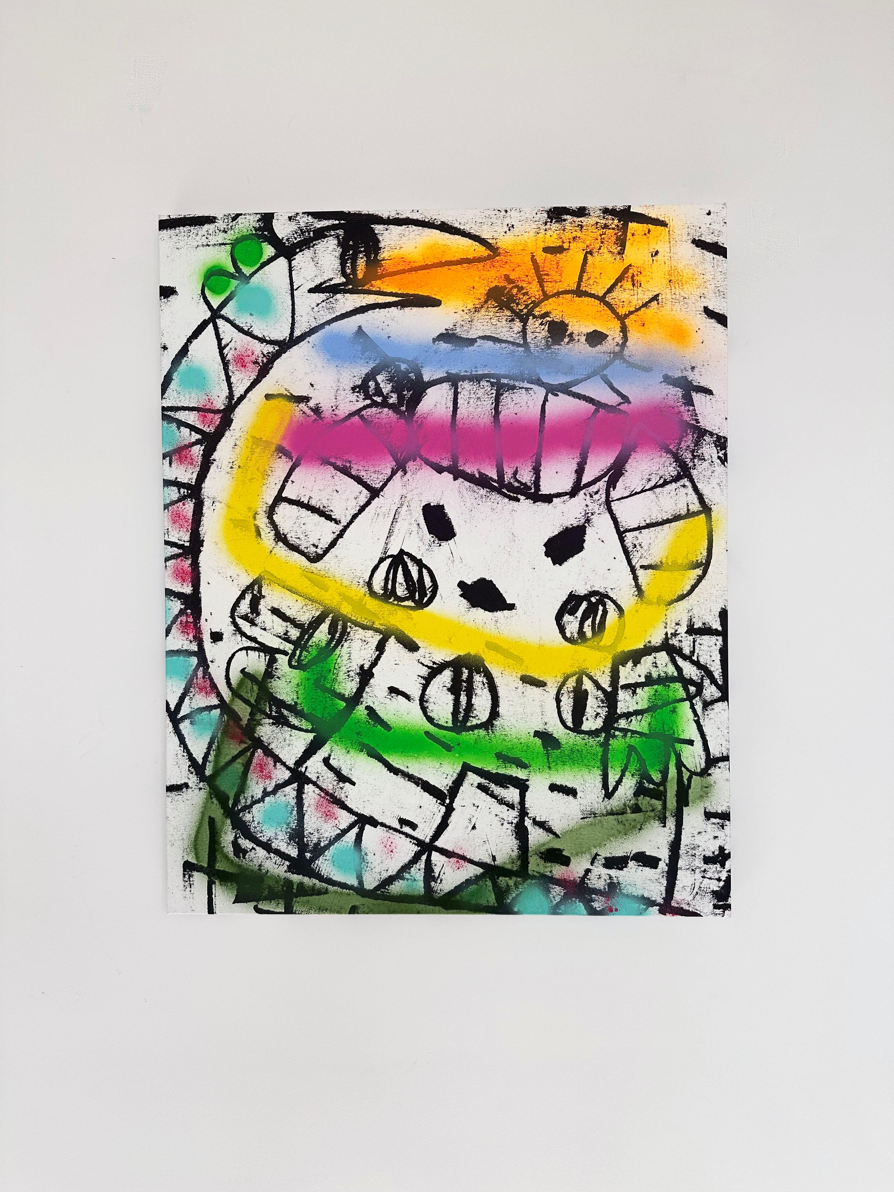 Colorful, Faux-Naïf Painting by Adam Handler 'Toki and Slimy' For Sale 1