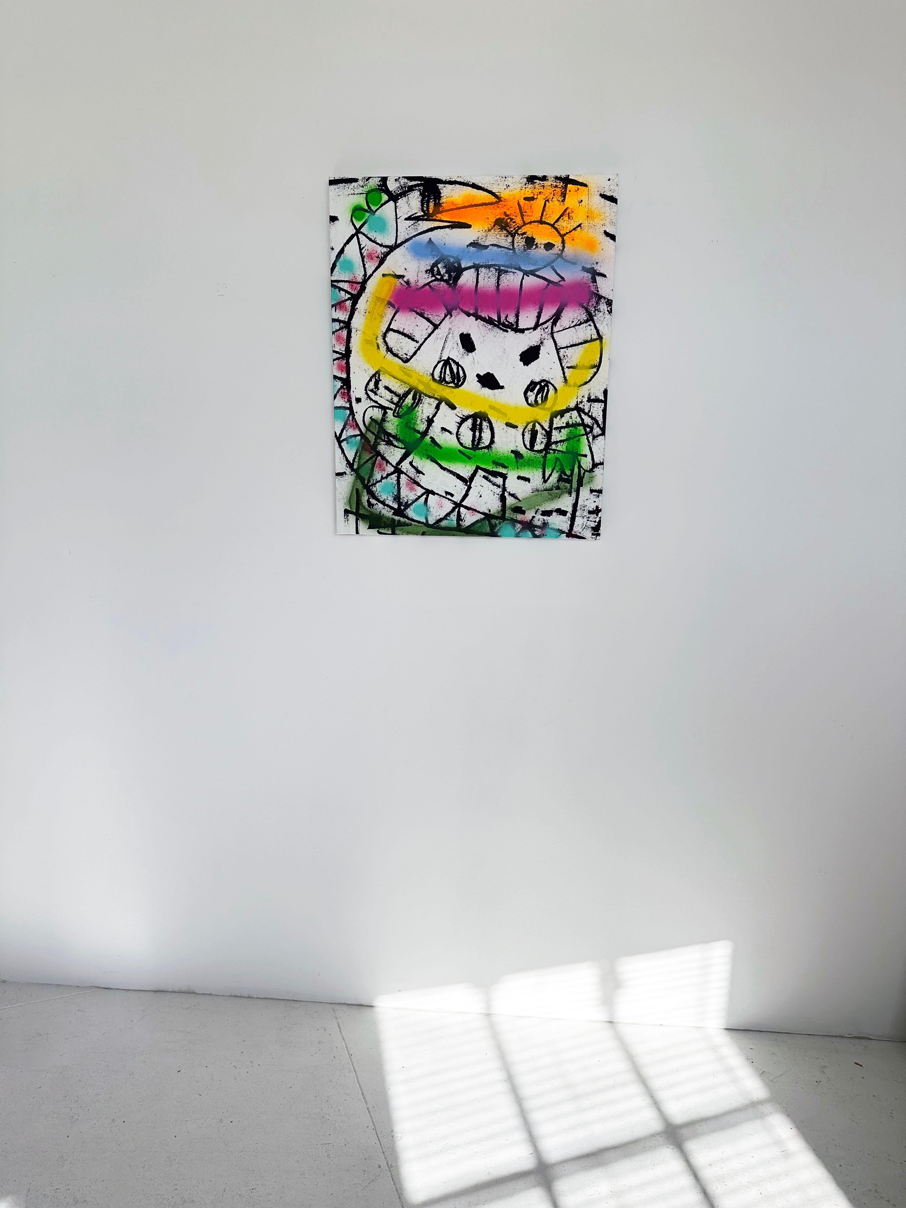 Colorful, Faux-Naïf Painting by Adam Handler 'Toki and Slimy' For Sale 2