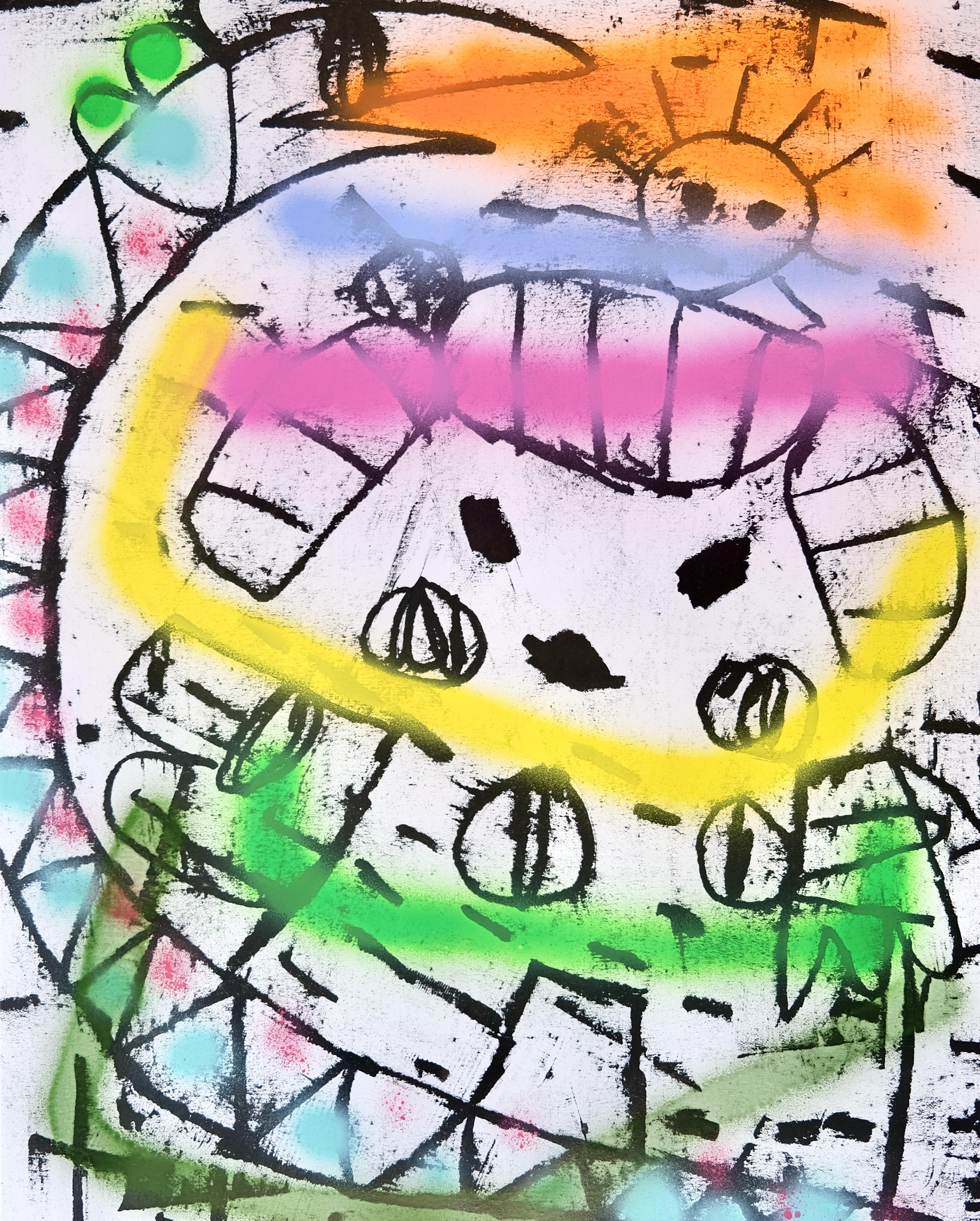 Dipinto colorato e finto-naïf di Adam Handler 'Toki e Viscido'