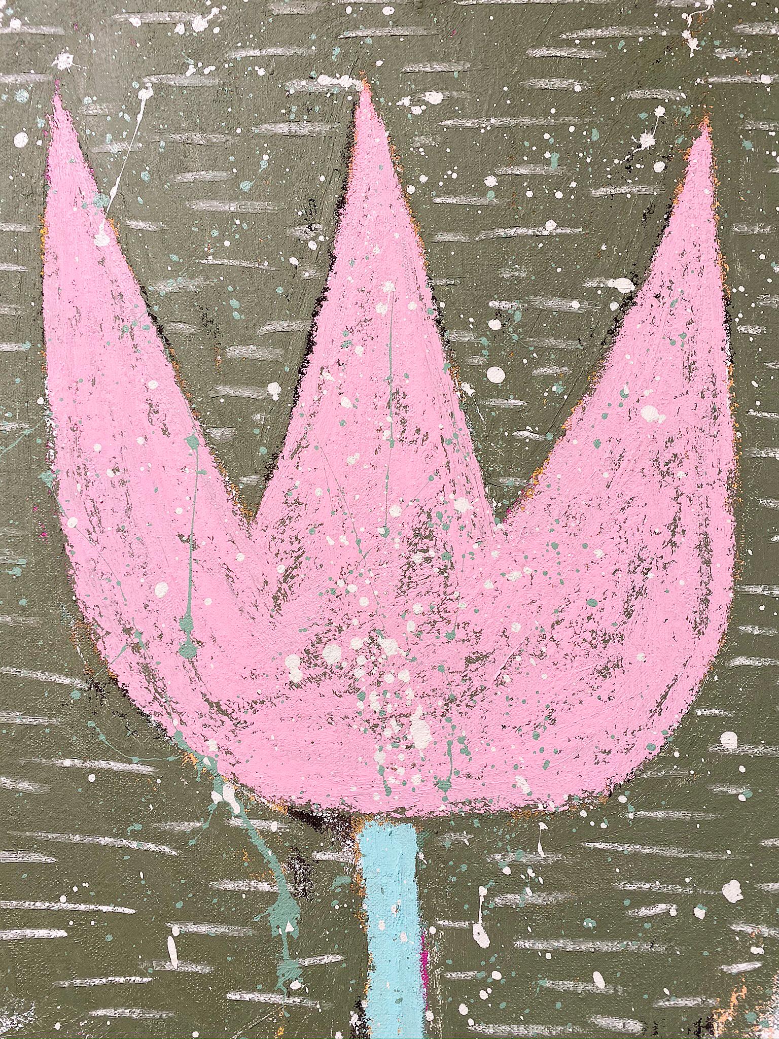 'Last Wood Tulip' by Adam Handler, 2019. Oil stick and acrylic on canvas, 32 x 24 in. This painting by contemporary artist, Adam Handler, depicts a pink tulip in his signature naive, child-like style. The tulip is contained within a green halo-like