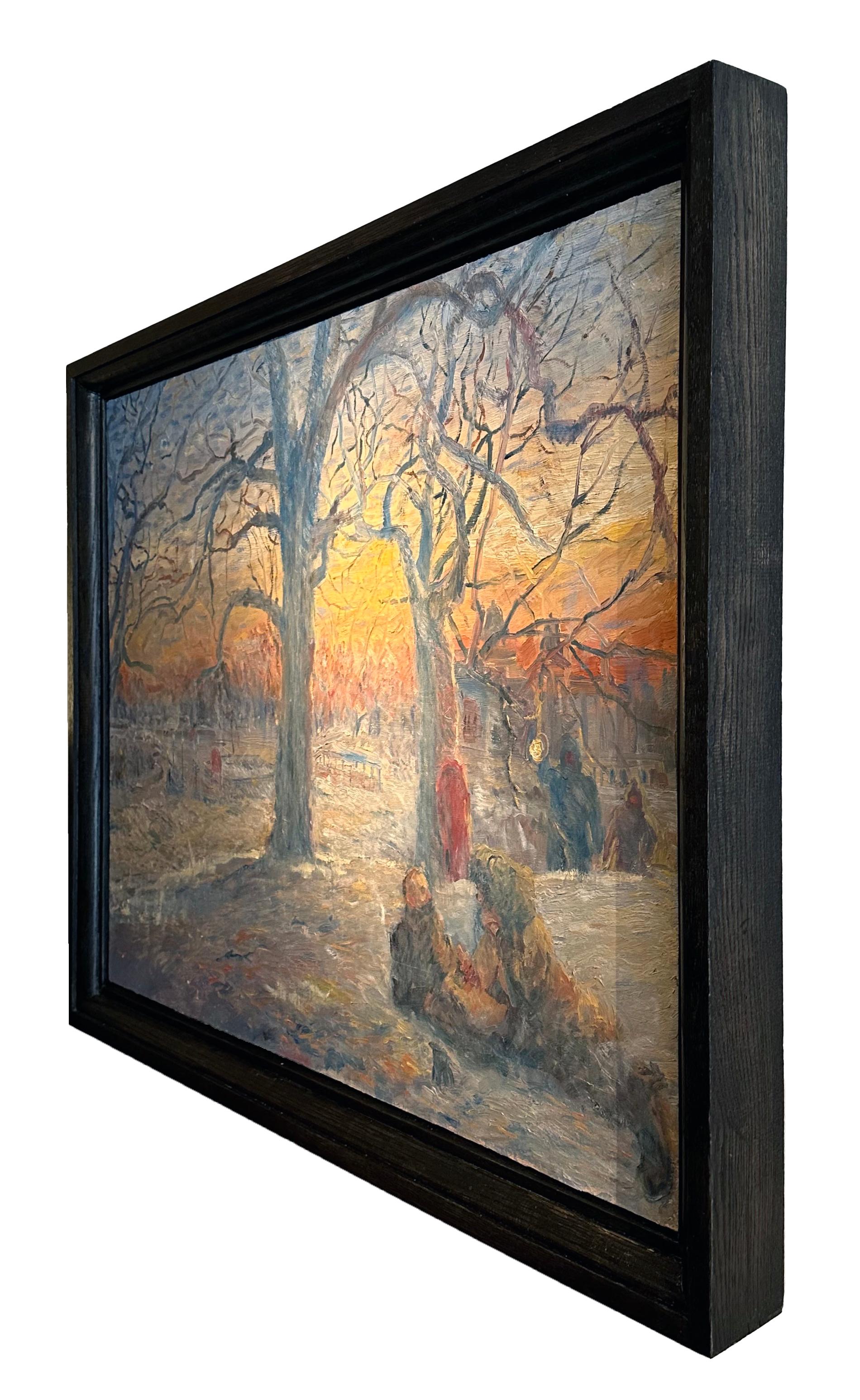 Mast - Quadro di paesaggio narrativo, olio originale su tela, incorniciato - Figurative Painting Grigio di Adam Holzrichter