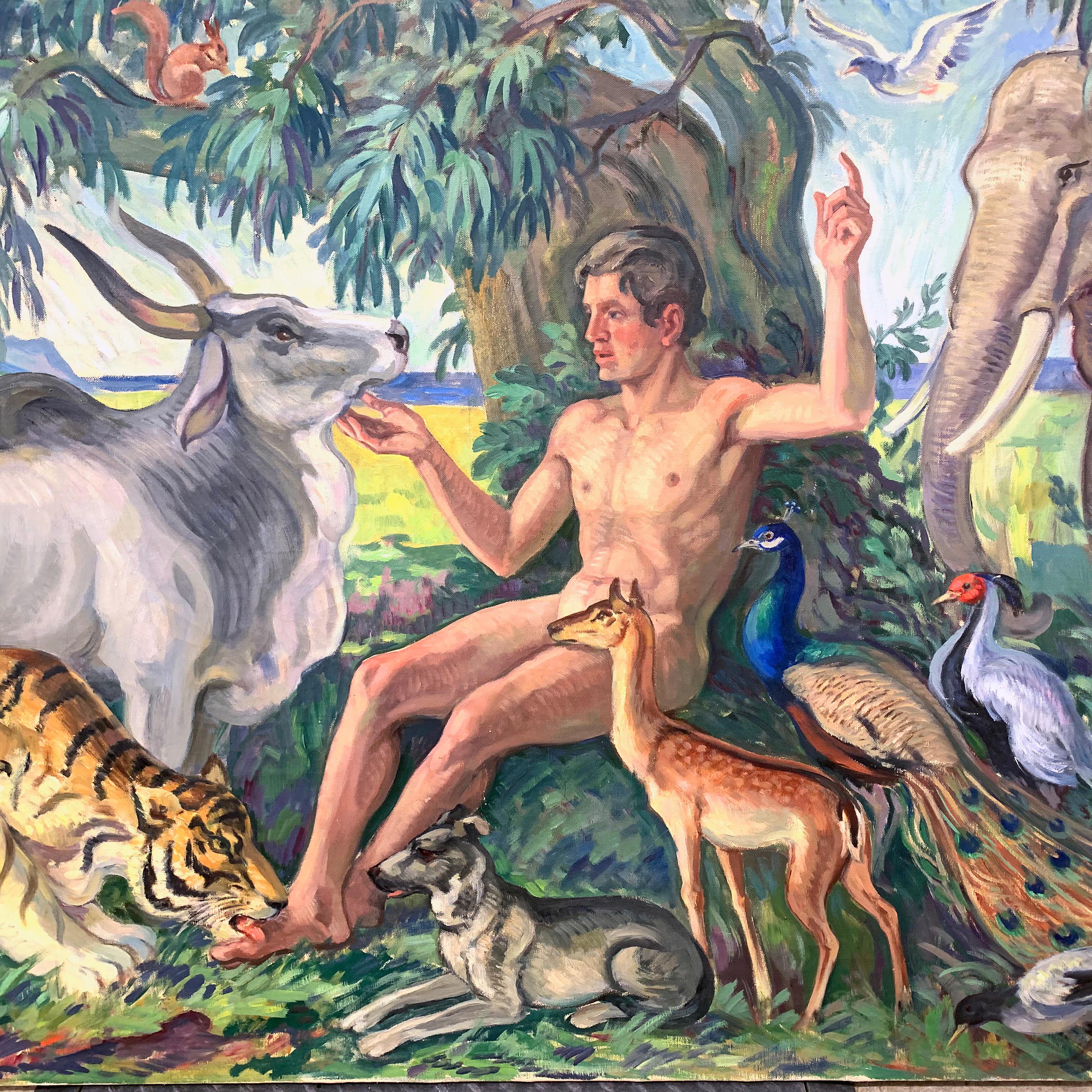 A remarkable statement of hope and resilience, this vivid and colorful depiction of a nude Adam seated amidst a profusion of flora and fauna was painted in the midst of World War II when Denmark was occupied by the Nazis and the end of the war was