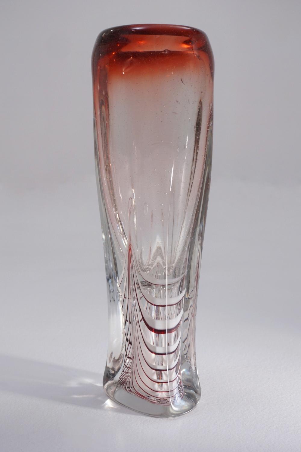Adam Jablonski glass vase `Fortuna`, signed 1990, Polish.
This vase has been cleaned respecting the vintage patina and is ready to use.

A handmade mouth blown art glass vase, in 24% lead crystal, hand etched by Jablonski himself. Signed at base: