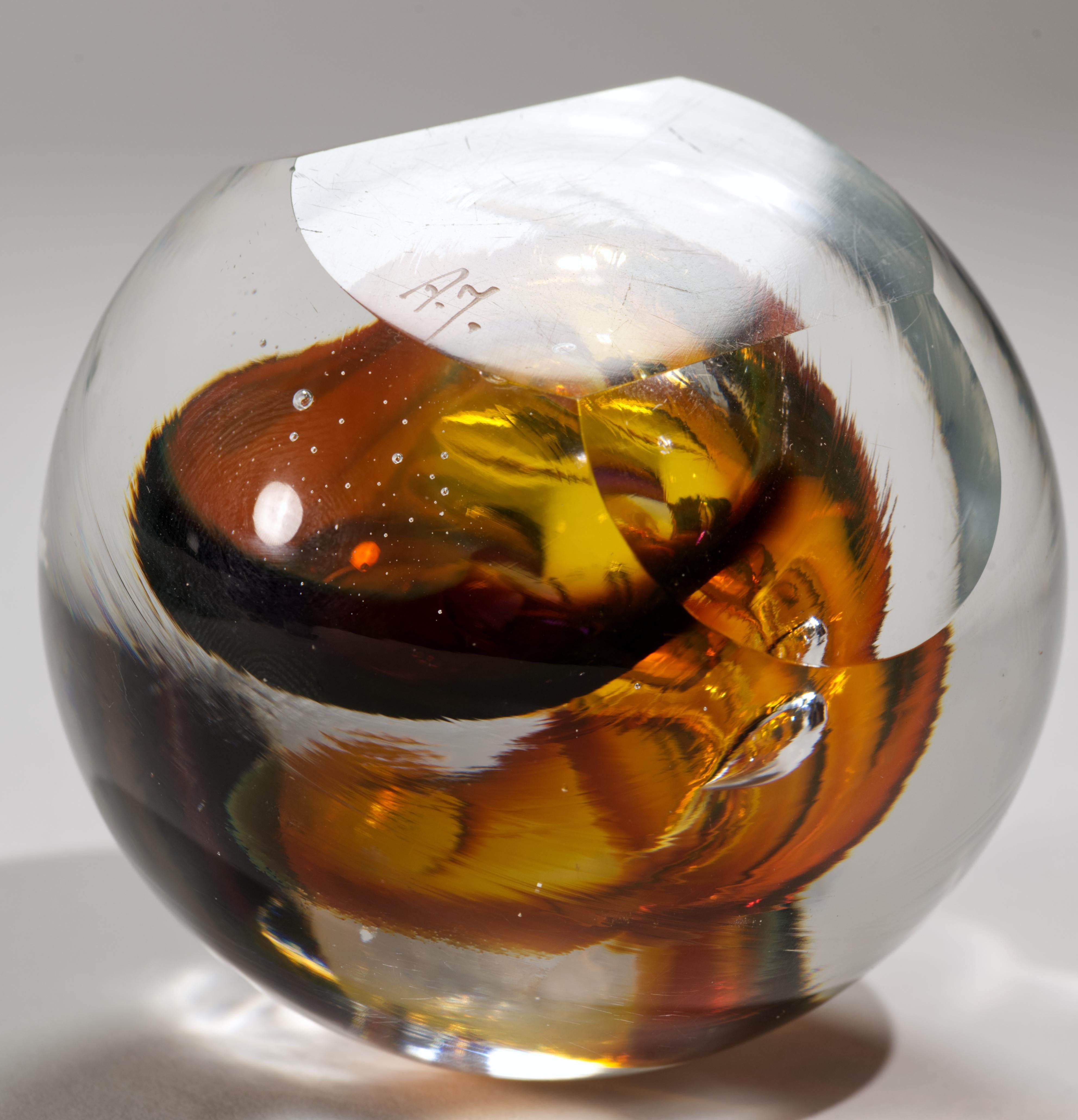 Hand-Crafted Adam Jablonski Sommerso Paperweight with Slanted Base, Polish Art Glass For Sale