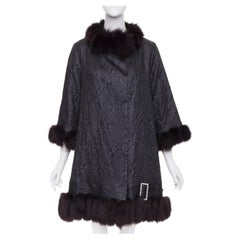 ADAM JONES 2004 black textured brocade real fur trim crystal buckle coat FR38 M