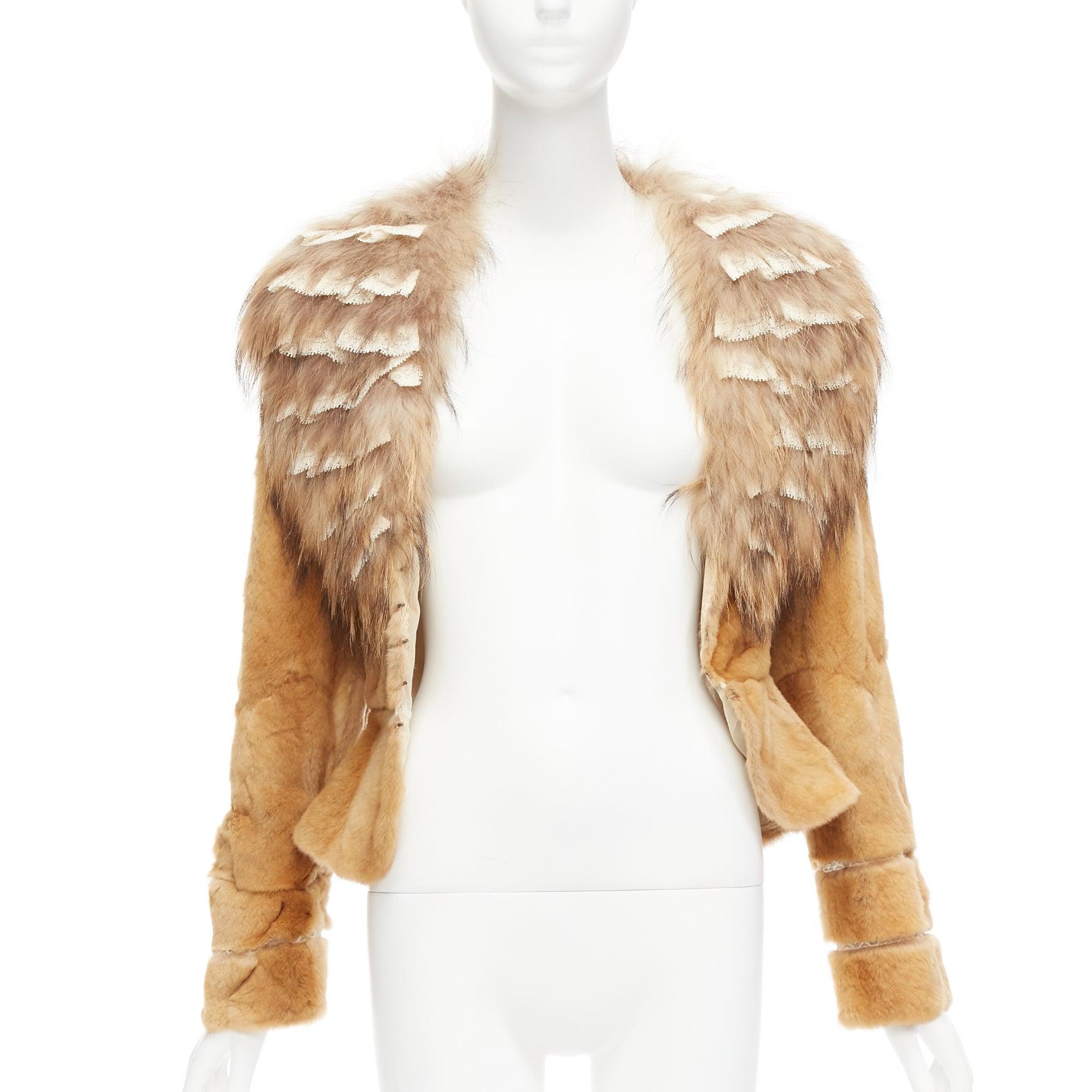 ADAM JONES brown fur lace trim collar tiered sleeve fitted jacket IT38 XS In New Condition For Sale In Hong Kong, NT