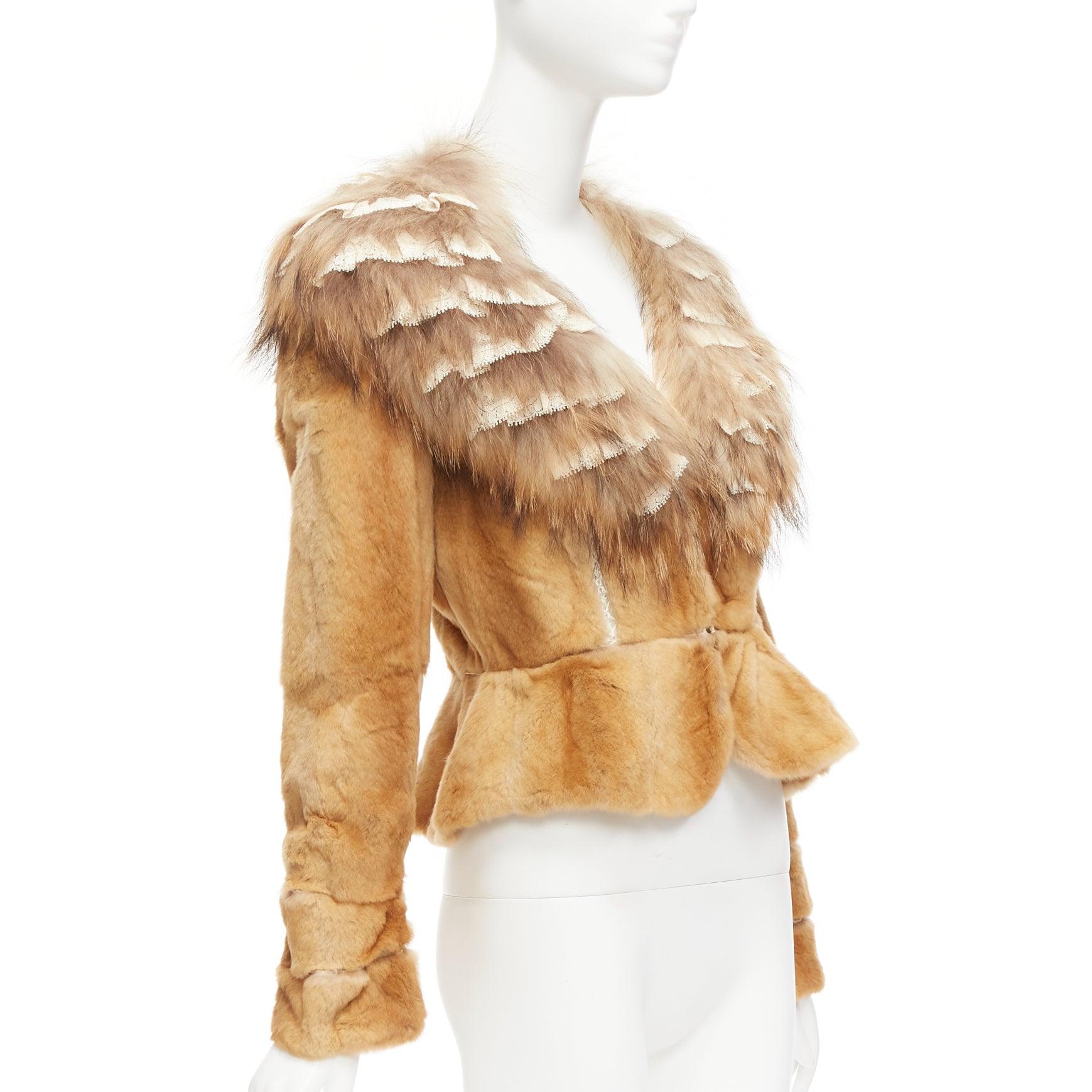 Women's ADAM JONES brown fur lace trim collar tiered sleeve fitted jacket IT38 XS For Sale