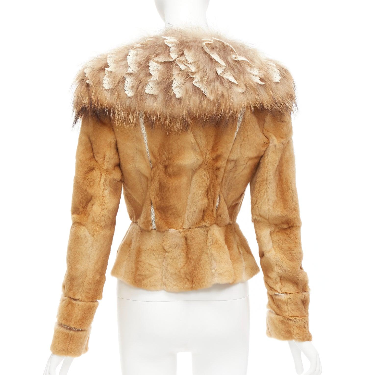 ADAM JONES brown fur lace trim collar tiered sleeve fitted jacket IT38 XS For Sale 2