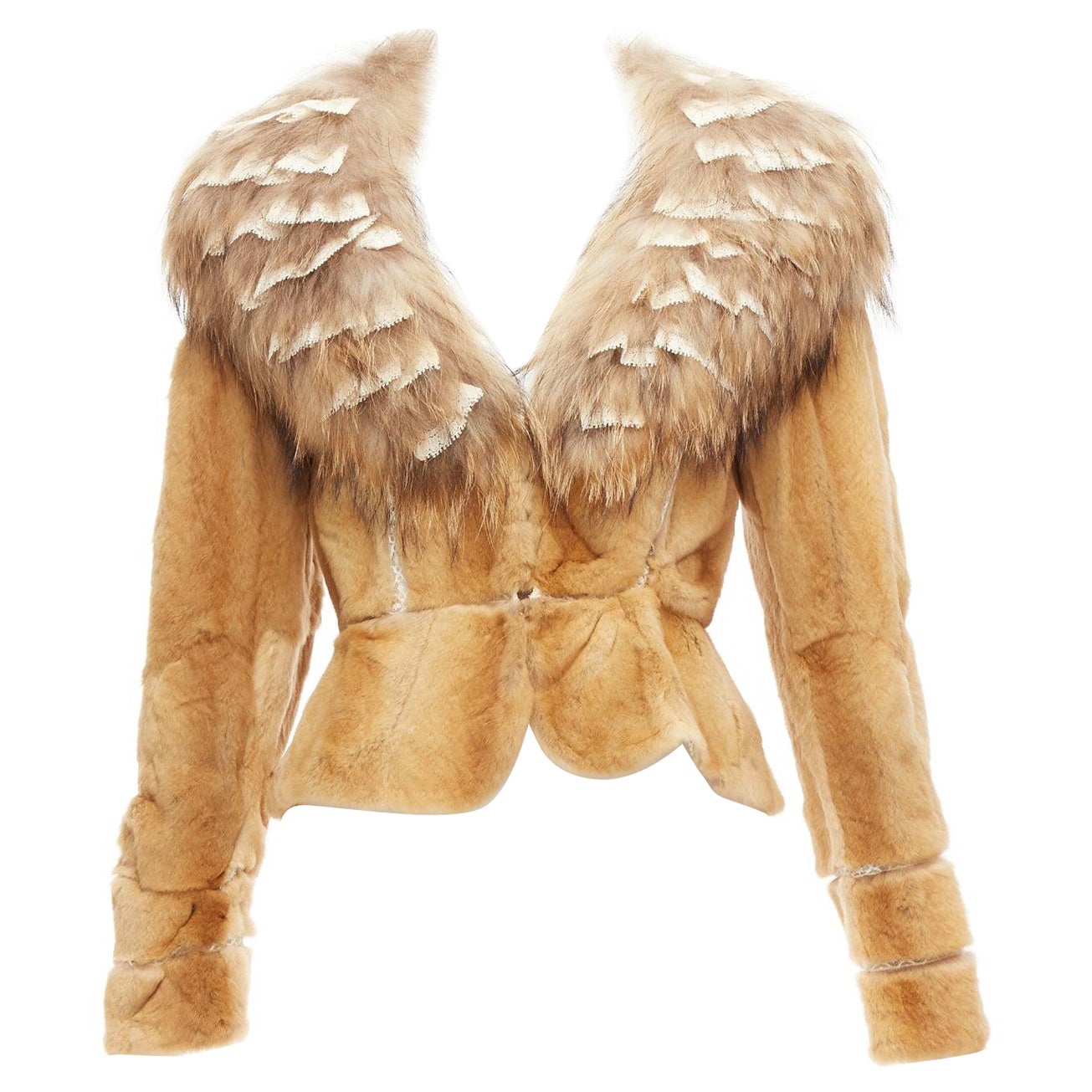 ADAM JONES brown fur lace trim collar tiered sleeve fitted jacket IT38 XS