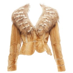 ADAM JONES brown fur lace trim collar tiered sleeve fitted jacket IT38 XS