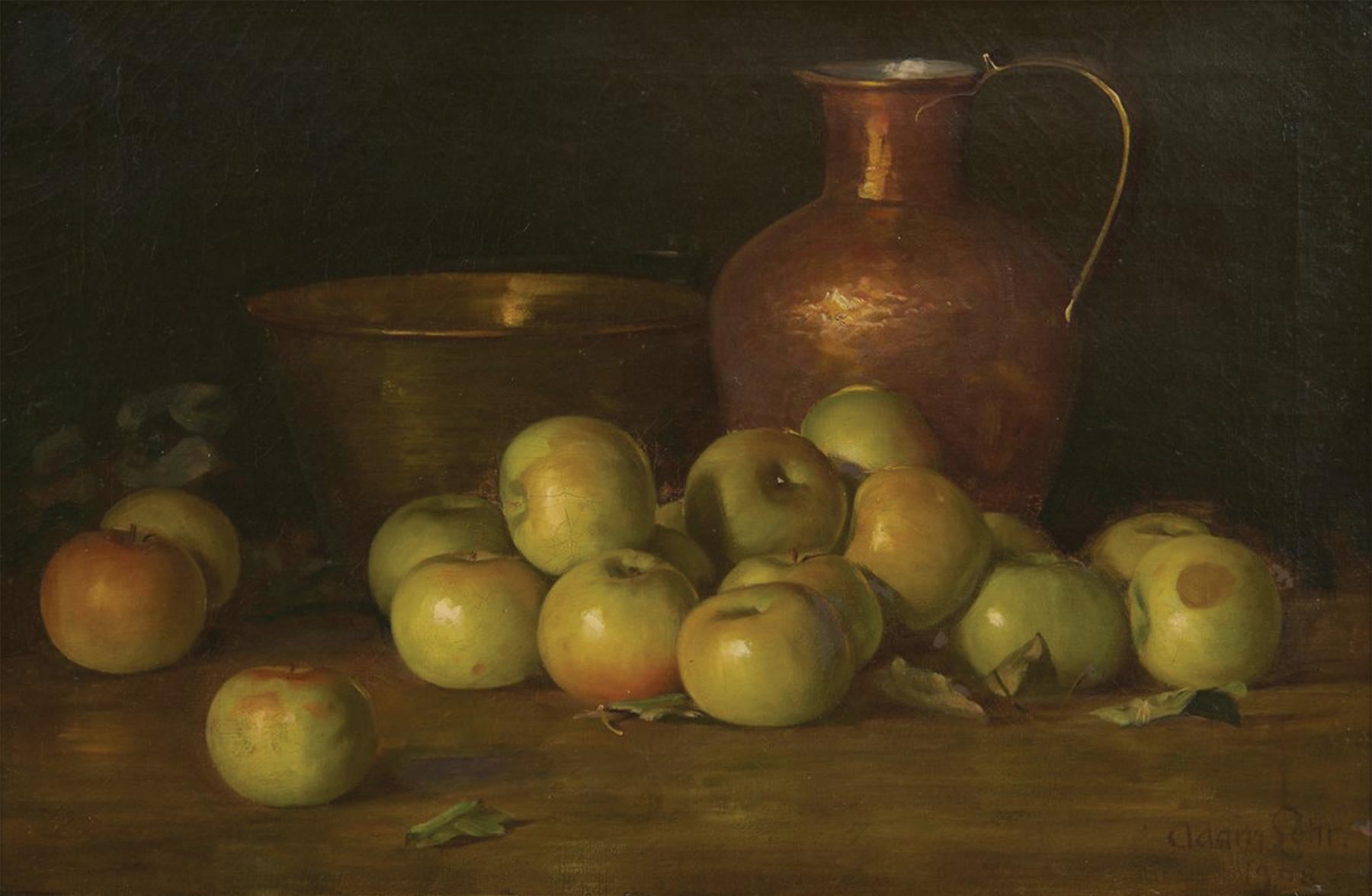 Natura morta dell'inizio del XX secolo con mele verdi e vasi di rame, Scuola di Cleveland - Painting di Adam Lehr