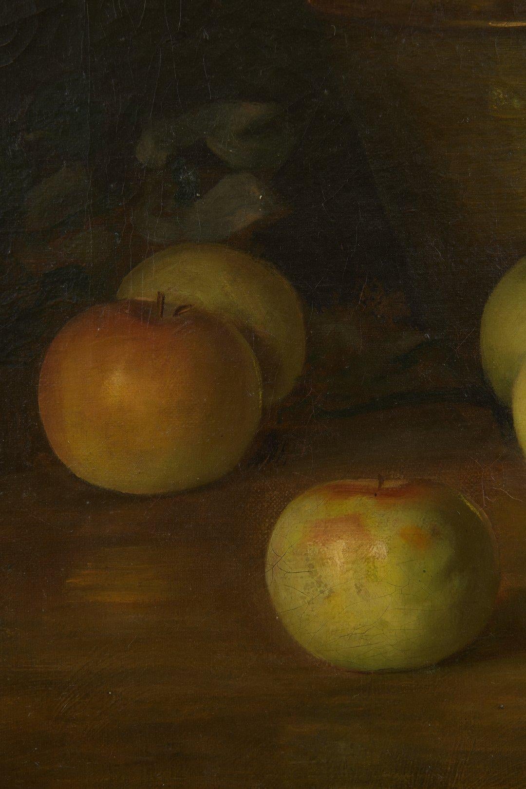 Natura morta dell'inizio del XX secolo con mele verdi e vasi di rame, Scuola di Cleveland - Still-Life Painting Marrone di Adam Lehr