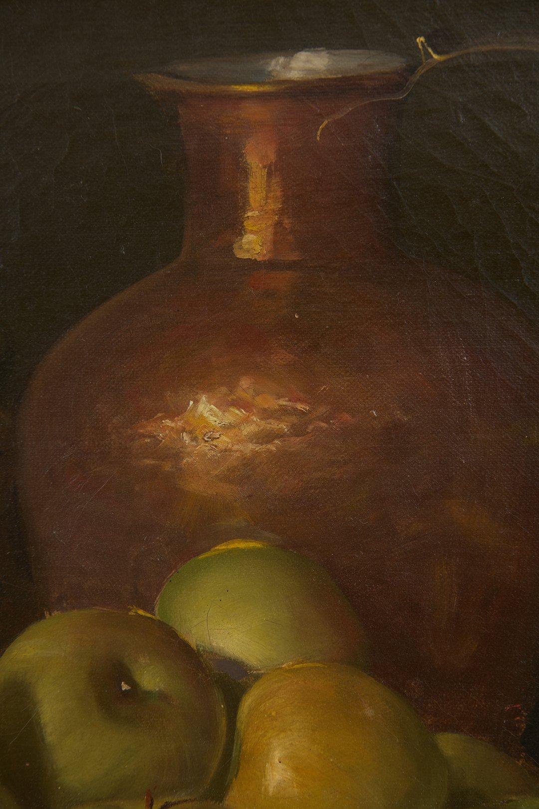 Adam Lehr (americano, 1853-1924)
Natura morta con mele verdi e vasi di rame, 1908
Olio su tela
Firmato in basso a destra
16 x 24 pollici
27 x 35 pollici, incorniciato

Esposto: 
WOLFS Gallery, Cleveland, OH, Cleveland: A Cultural Center,