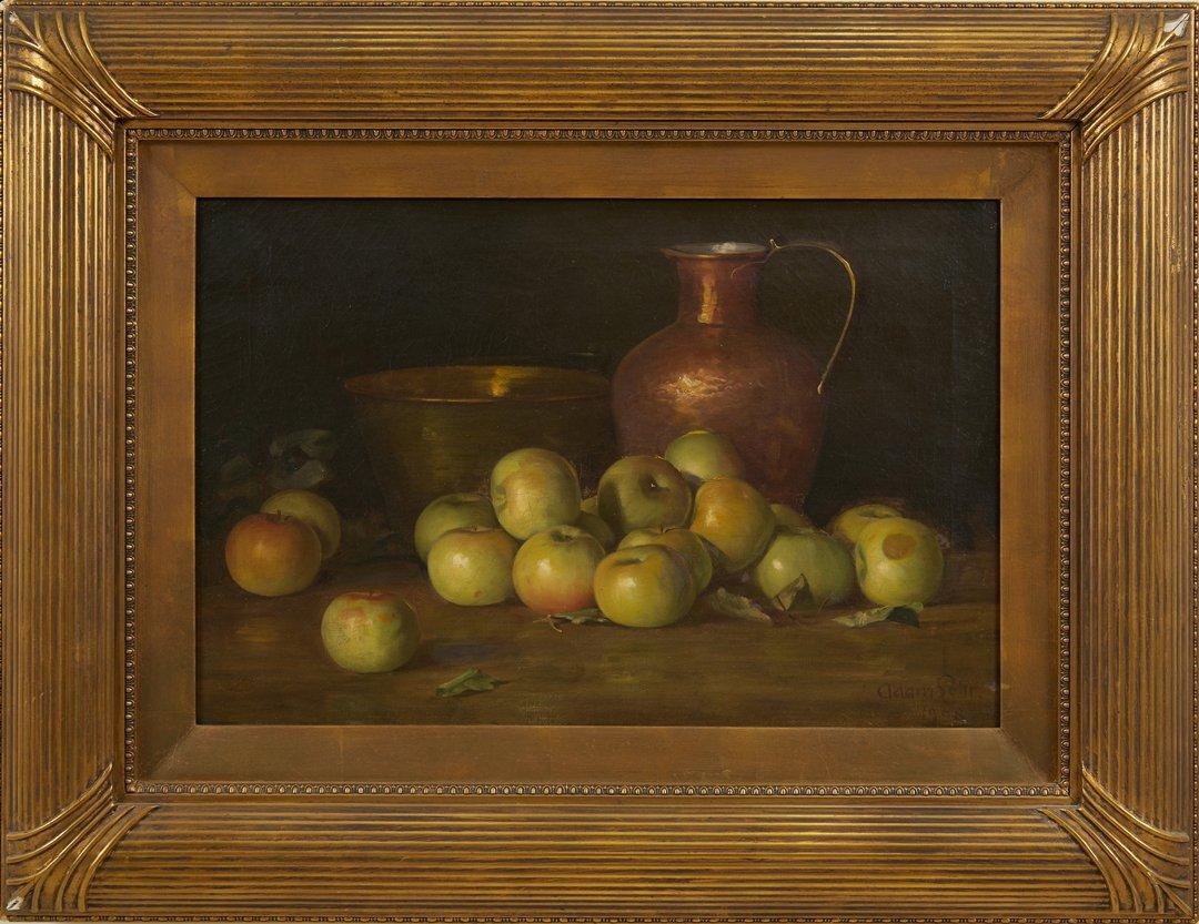 Still-Life Painting di Adam Lehr - Natura morta dell'inizio del XX secolo con mele verdi e vasi di rame, Scuola di Cleveland